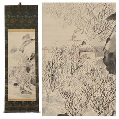 Ravissant Nihonga 19ème siècle Edo Scroll d'Okamoto Sukehiko, Hermit d'hiver