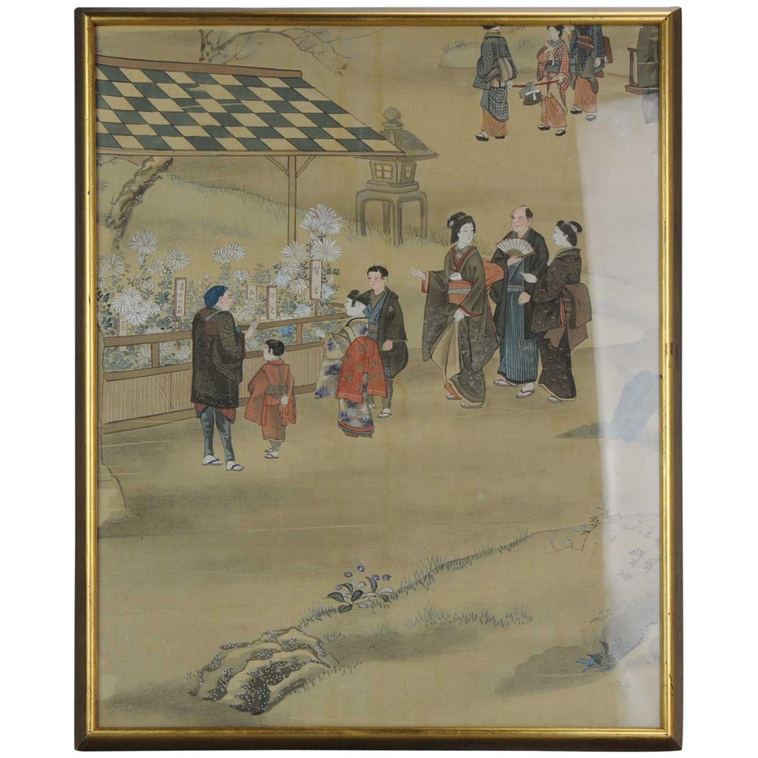 Jolie peinture japonaise de la période Meiji, scène de village d'artiste japonais en vente