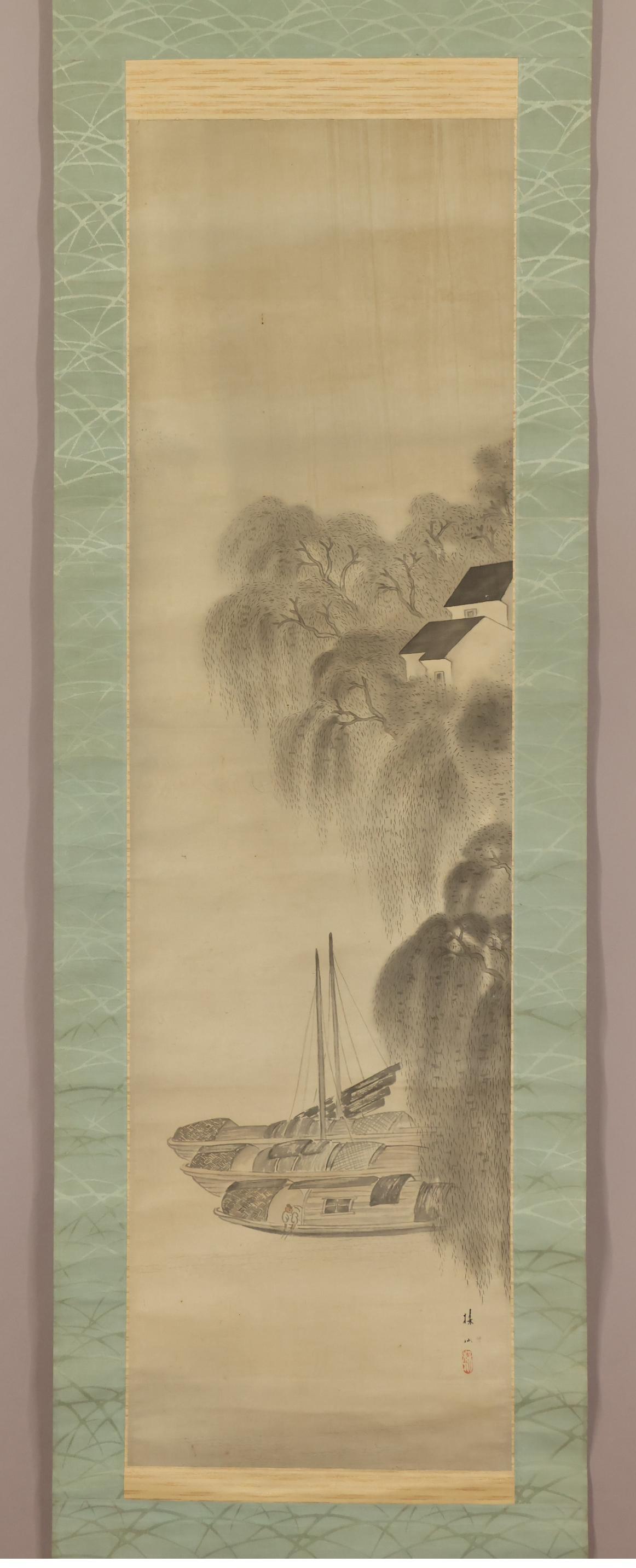 Lovely Japanese Painting Taisho Scroll Baisen Hirai Nihonga Boat Trip Rainy Day For Sale 7