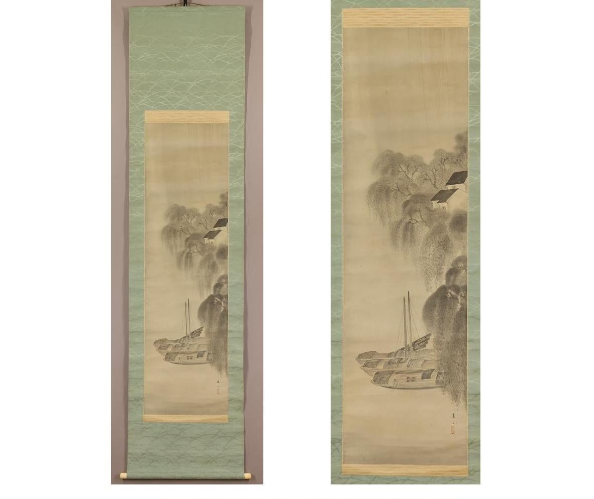 Early 20th Century Lovely Japanese Painting Taisho Scroll Baisen Hirai Nihonga Boat Trip Rainy Day For Sale