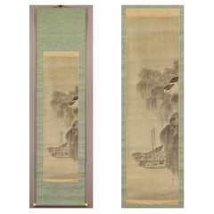Antique Lovely Japanese Painting Taisho Scroll Baisen Hirai Nihonga Boat Trip Rainy Day