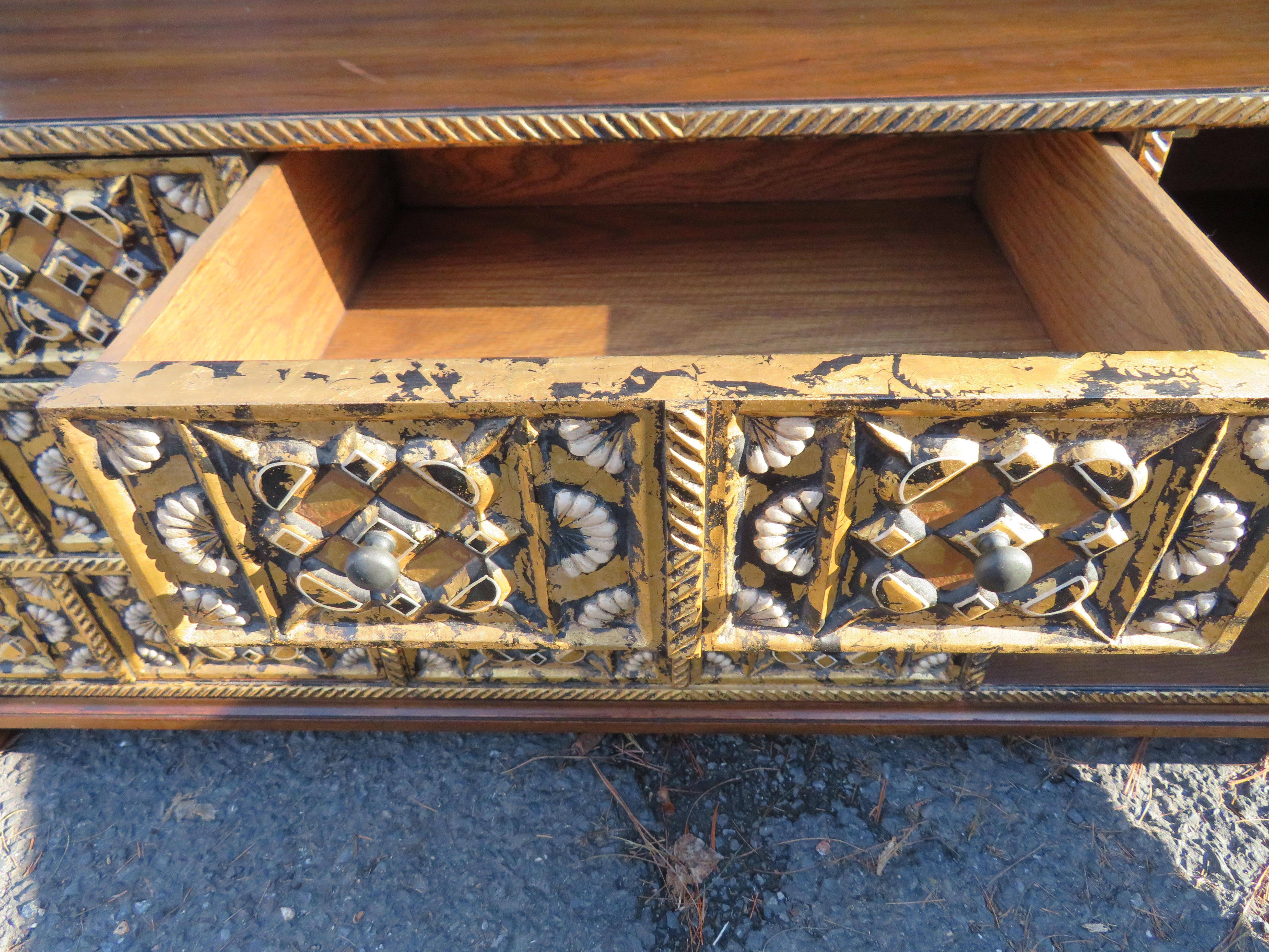 Lovely John Widdicomb Mahogany Gold Gilt 3 Drawer Mediterranean Petite Credenza For Sale 3