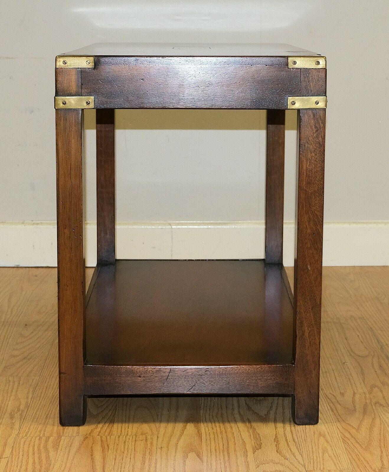 English Lovely Kennedy Campaign Hardwood Side Table Brass Inset on Top & Single Shelf