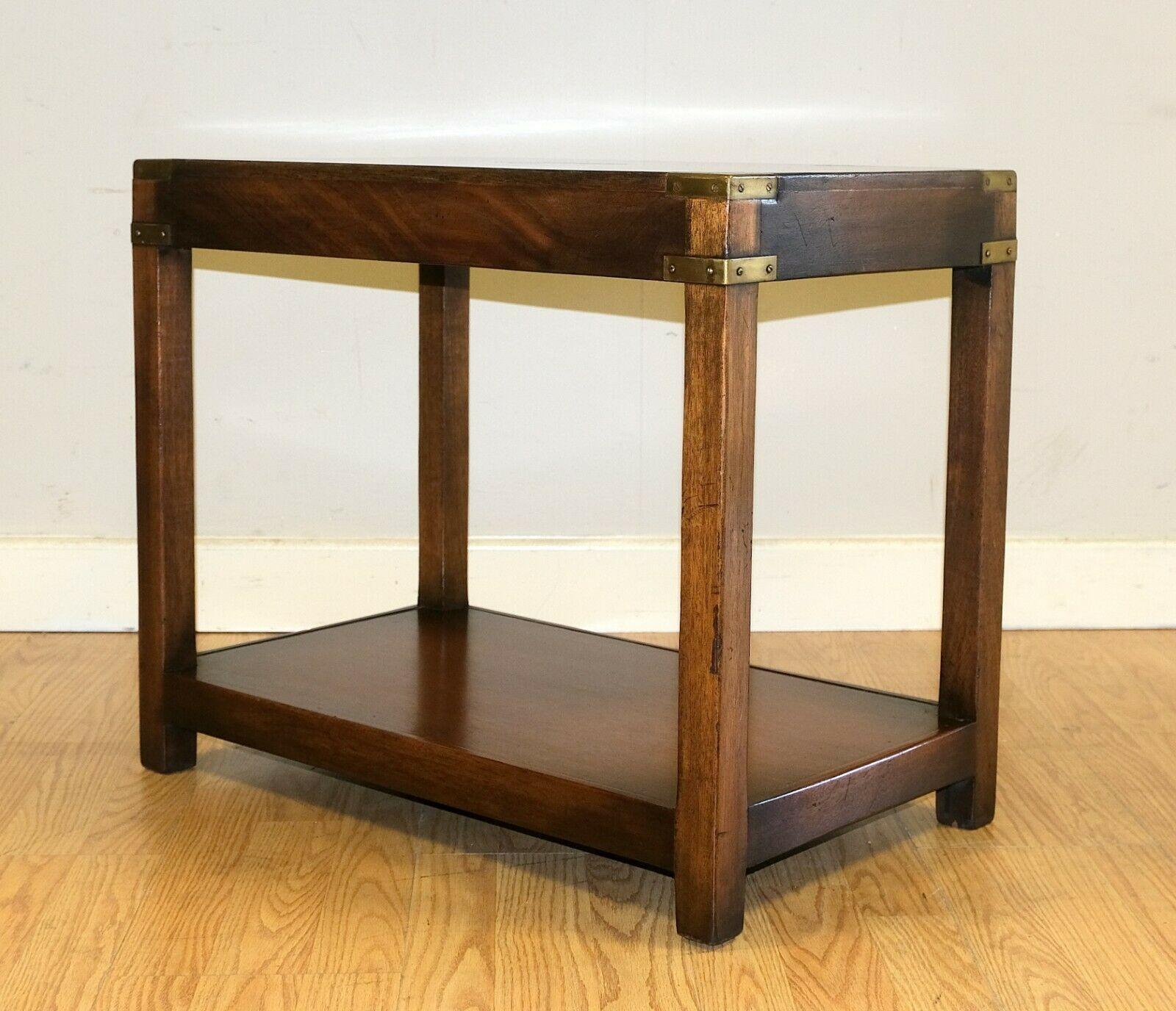 Hand-Crafted Lovely Kennedy Campaign Hardwood Side Table Brass Inset on Top & Single Shelf