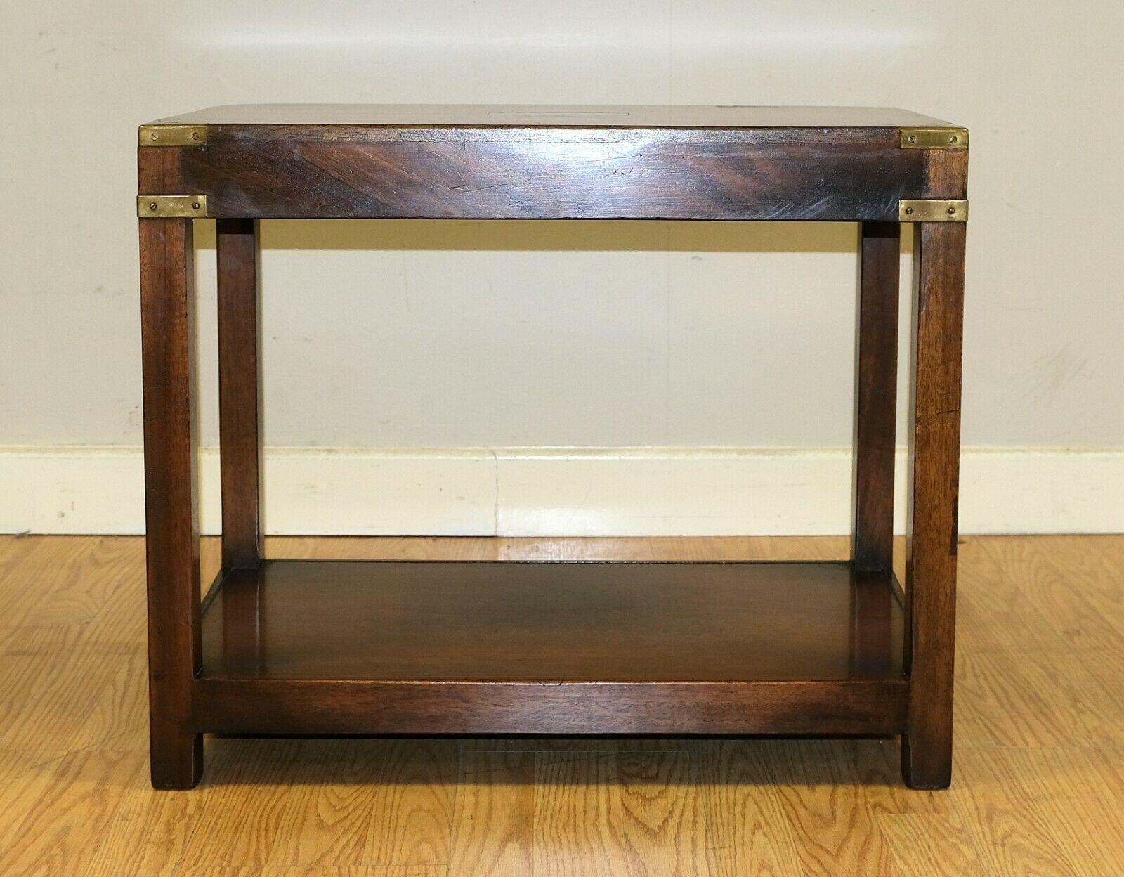 20th Century Lovely Kennedy Campaign Hardwood Side Table Brass Inset on Top & Single Shelf