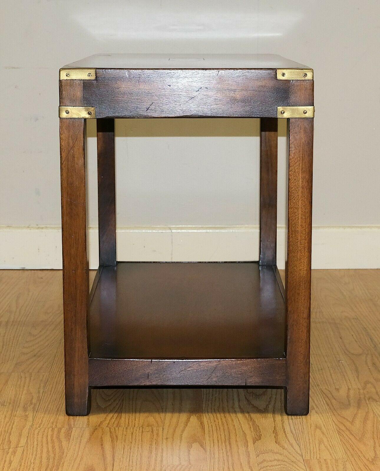 Lovely Kennedy Campaign Hardwood Side Table Brass Inset on Top & Single Shelf 1