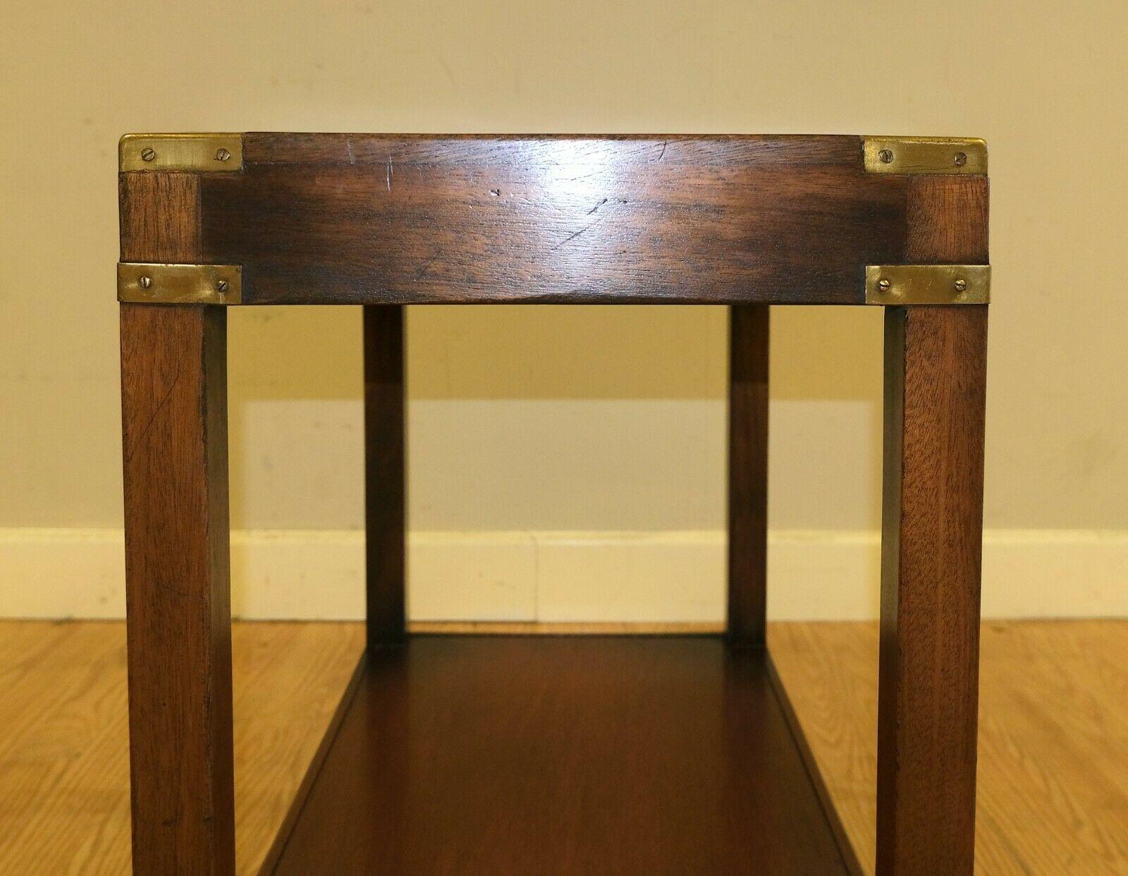 Lovely Kennedy Campaign Hardwood Side Table Brass Inset on Top & Single Shelf 2