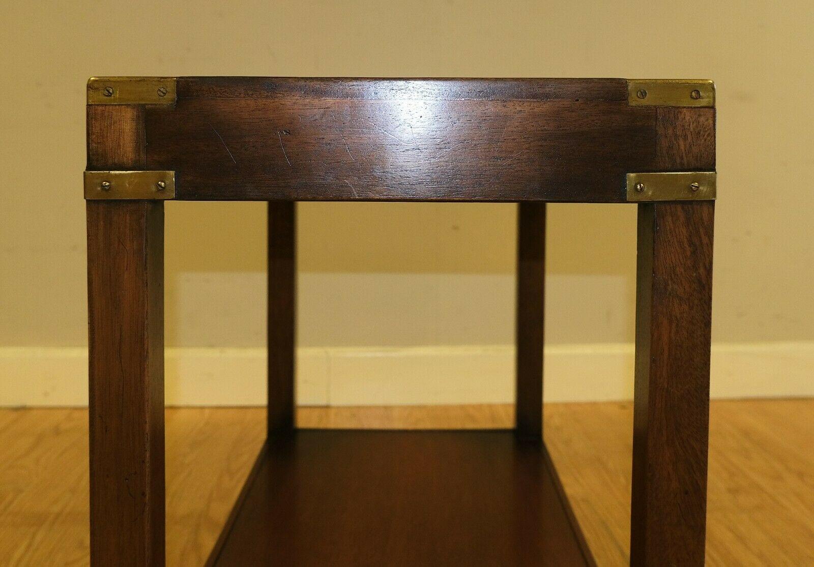 Lovely Kennedy Campaign Hardwood Side Table Brass Inset on Top & Single Shelf 3