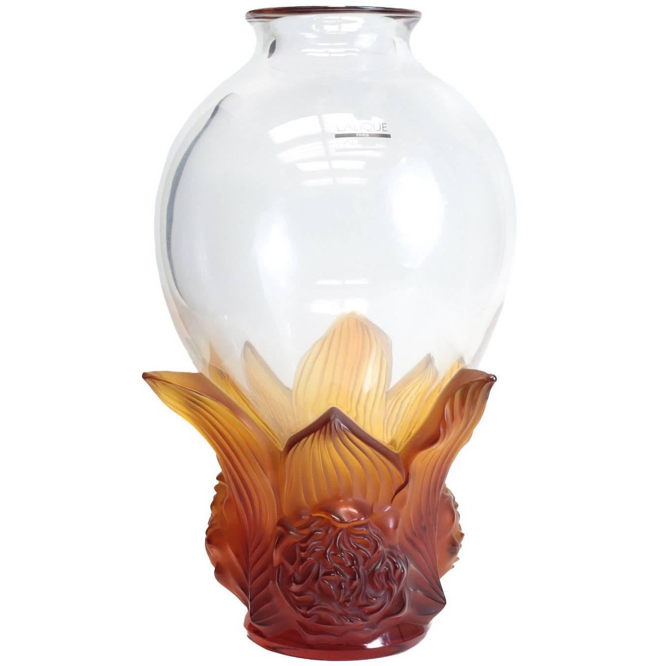 Lovely Lalique France Crystal Clear and Amber Pivoines Peonies Vase, Ltd of 99 For Sale