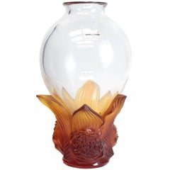 Lovely Lalique France Crystal Clear and Amber Pivoines Peonies Vase, Ltd of 99