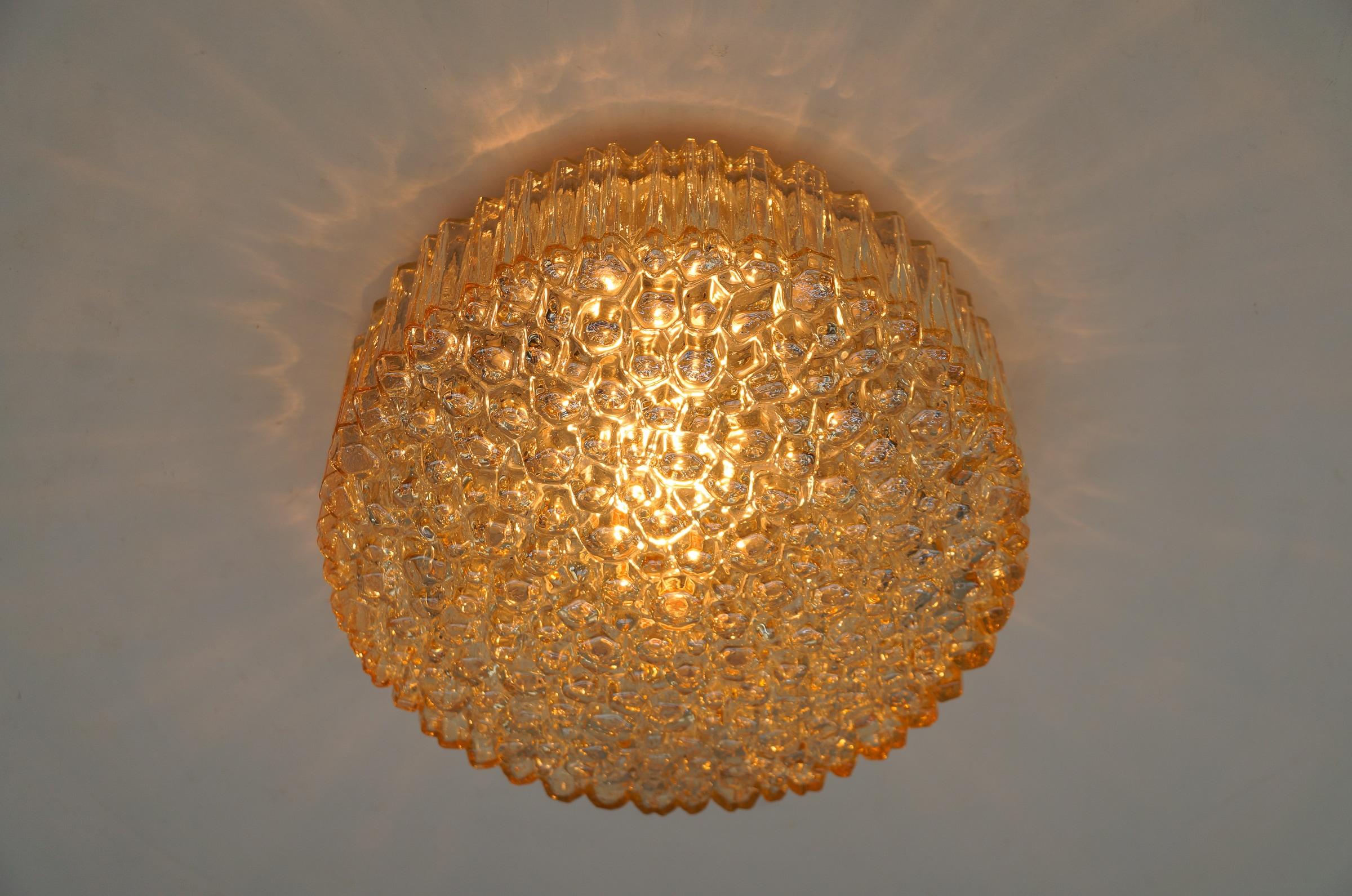 Metal Lovely Large Amber Bubble Glass Flush Mount Lamp by Helena Tynell for Limburg, G For Sale