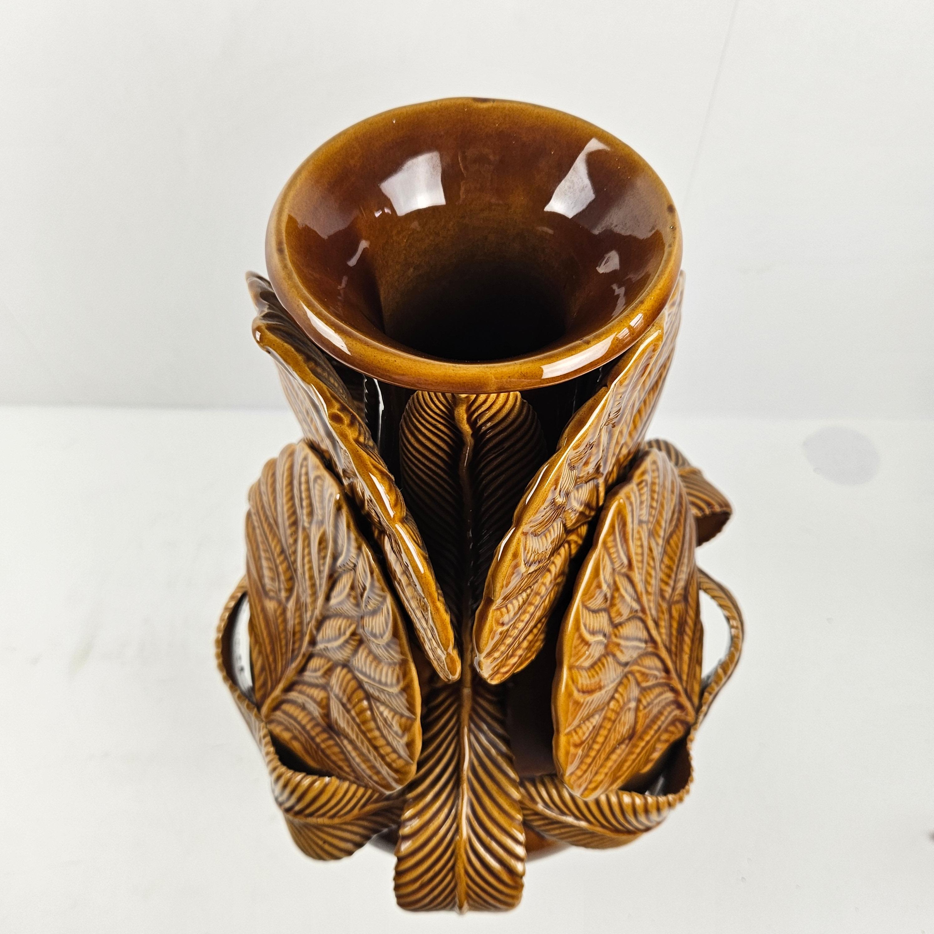 Lovely Large Brown Ceramic Vase With Leaves, Italy 1980's  For Sale 3