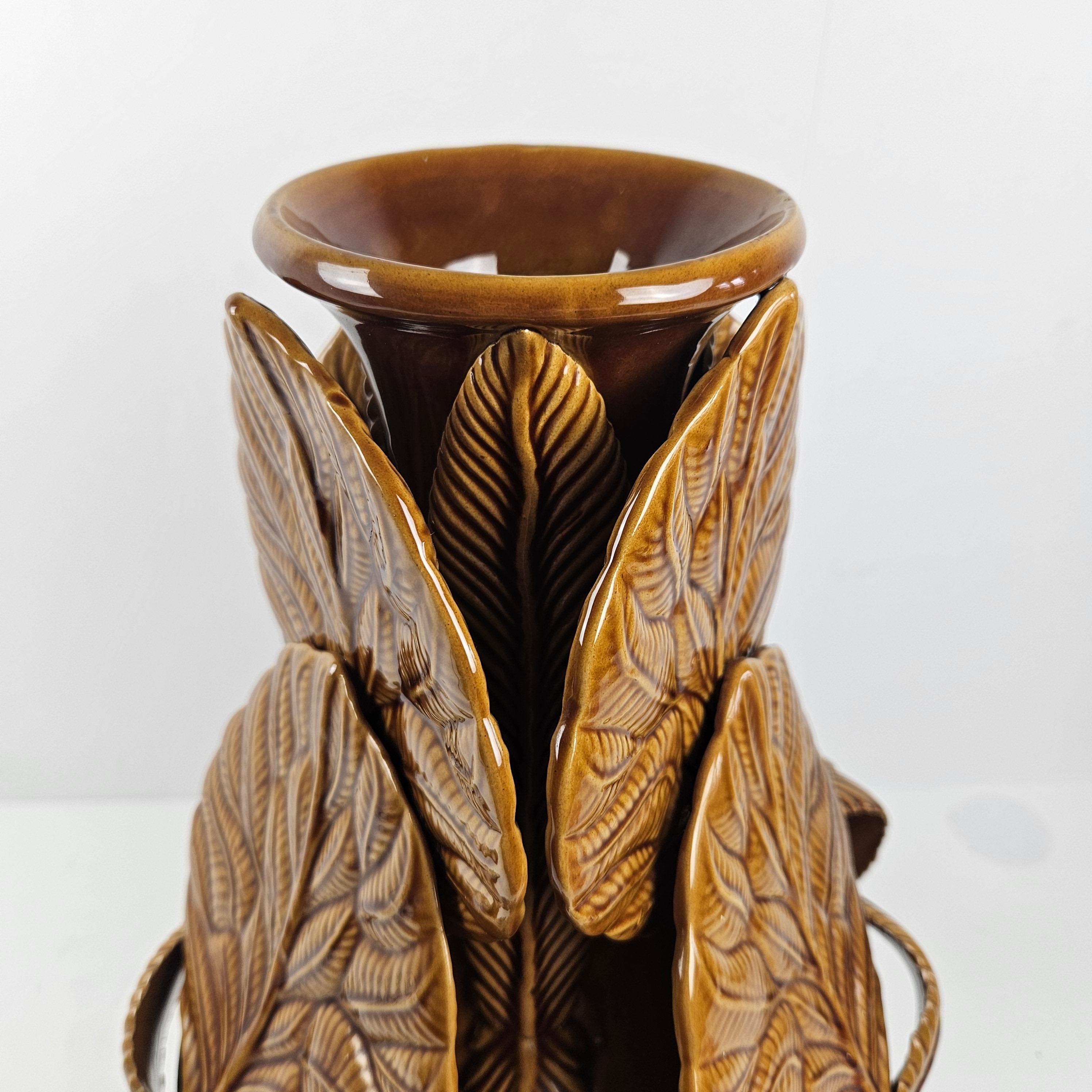 Lovely Large Brown Ceramic Vase With Leaves, Italy 1980's  For Sale 4