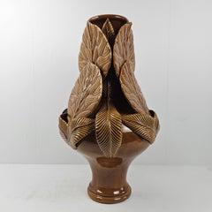 Lovely Large Brown Ceramic Vase With Leaves, Italy 1980's