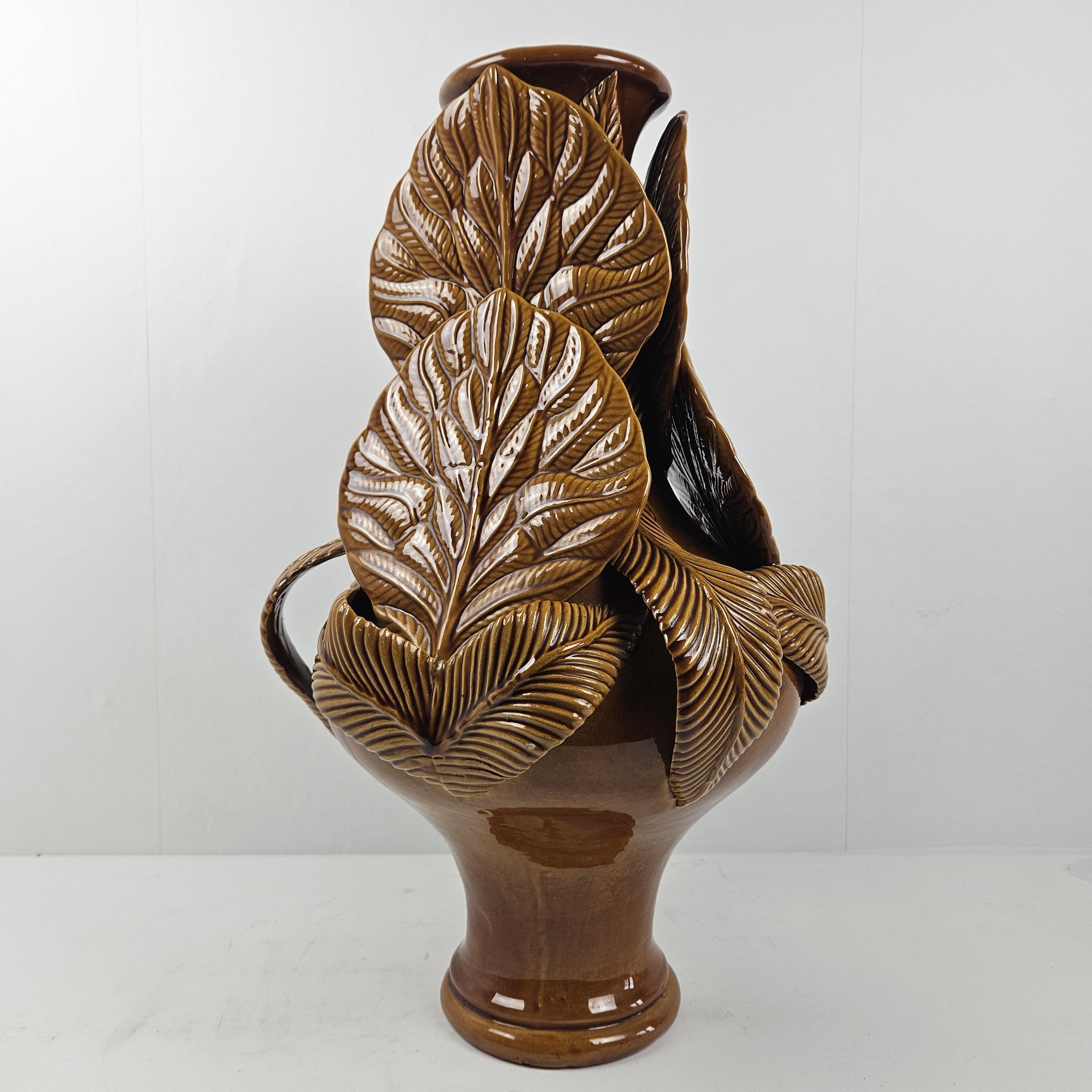 Modern Lovely Large Brown Ceramic Vase With Leaves, Italy 1980's  For Sale