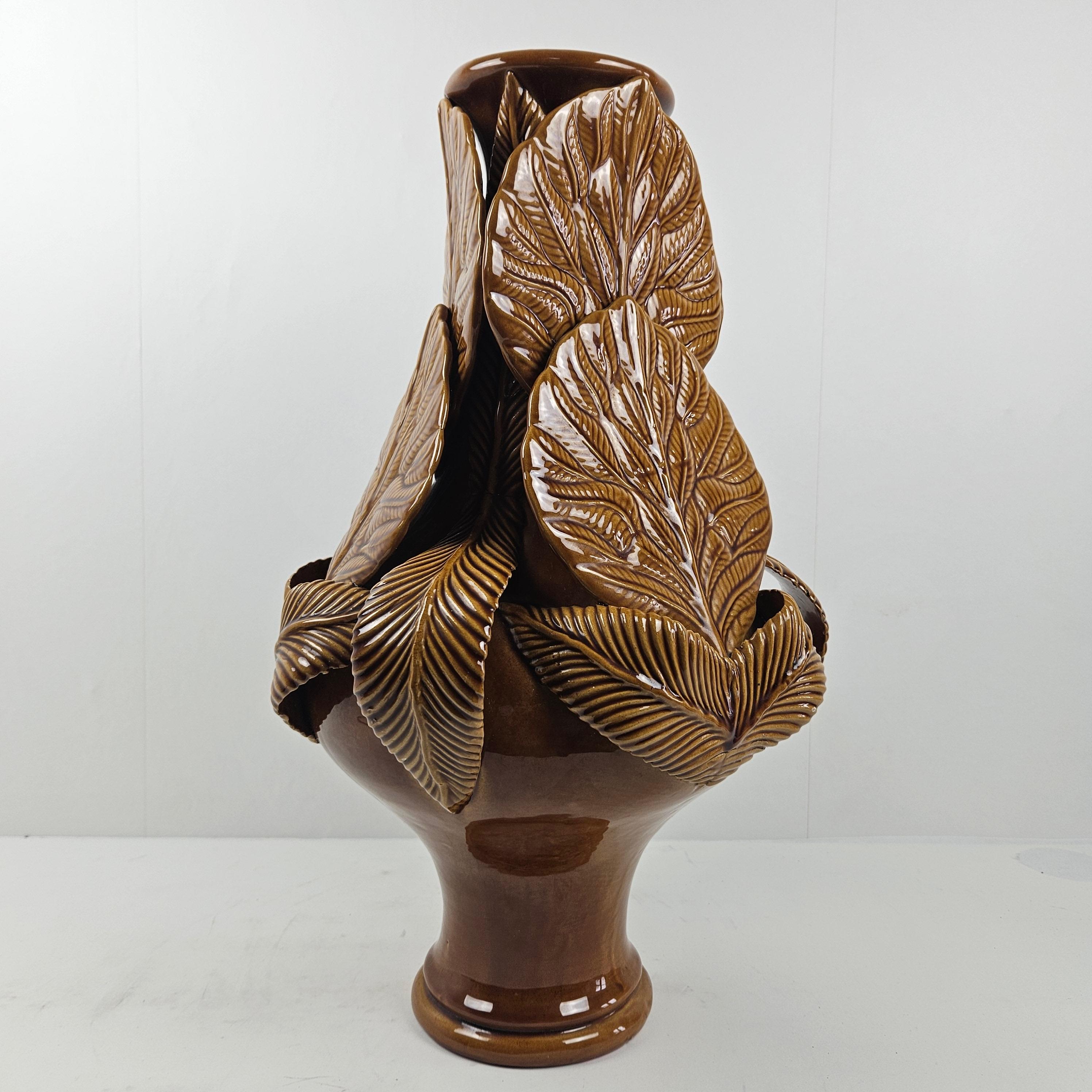 Hand-Crafted Lovely Large Brown Ceramic Vase With Leaves, Italy 1980's  For Sale