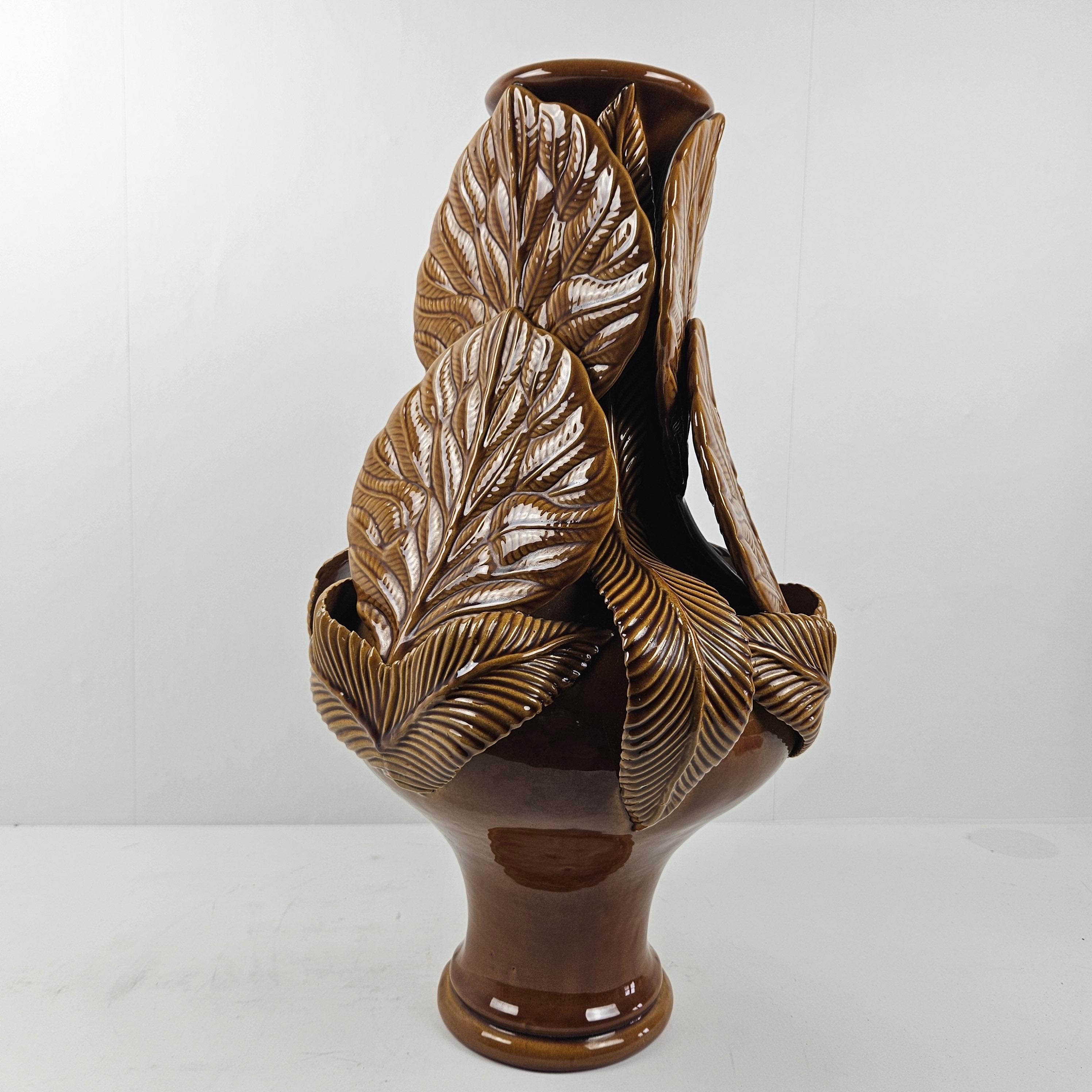 Lovely Large Brown Ceramic Vase With Leaves, Italy 1980's  In Good Condition For Sale In Oud Beijerland, NL