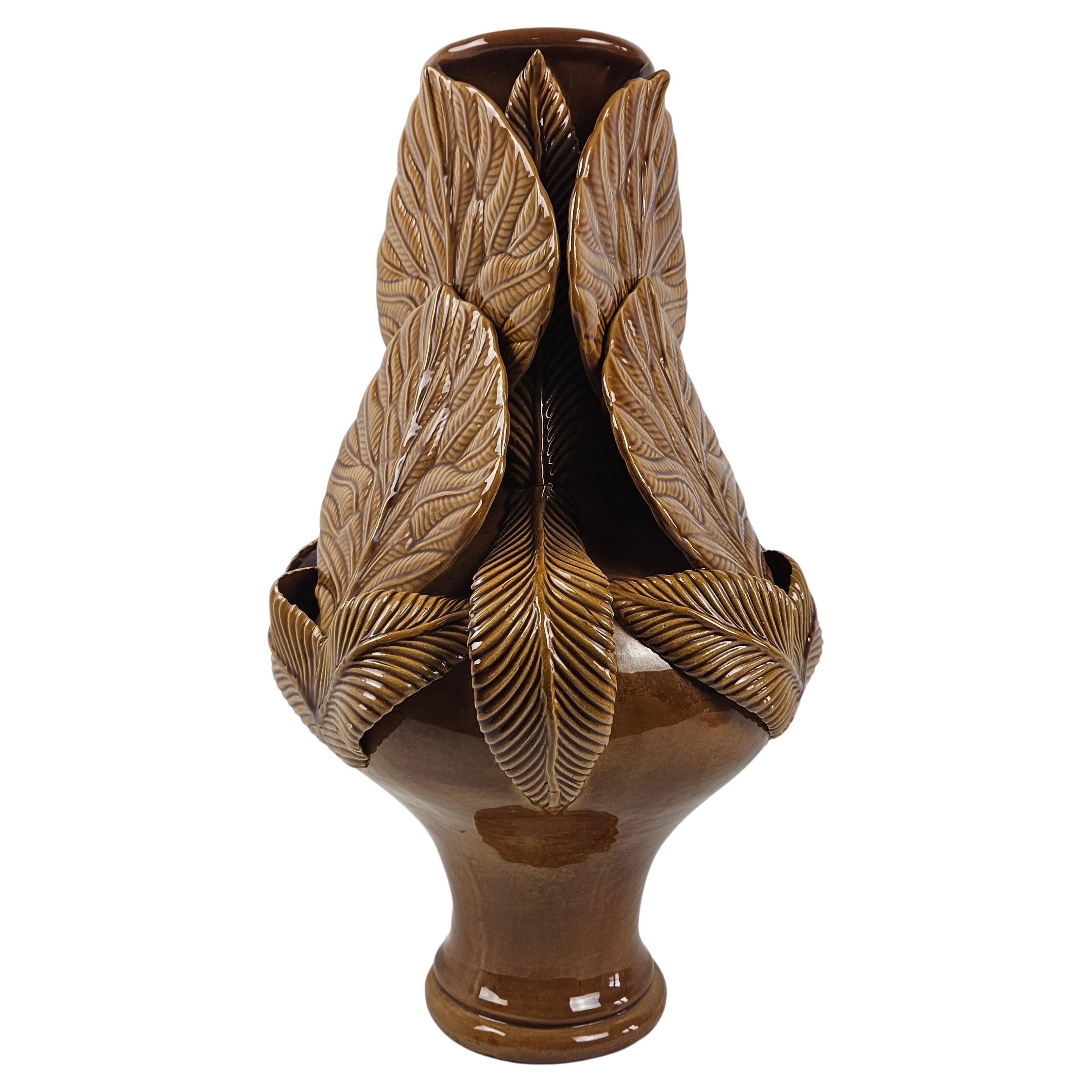 Lovely Large Brown Ceramic Vase With Leaves, Italy 1980's  For Sale