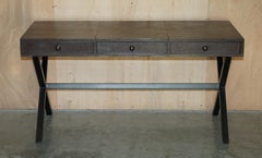 Lovely Large Brown Leather Hand Stitched Three Drawer Trestle Writing Table Desk