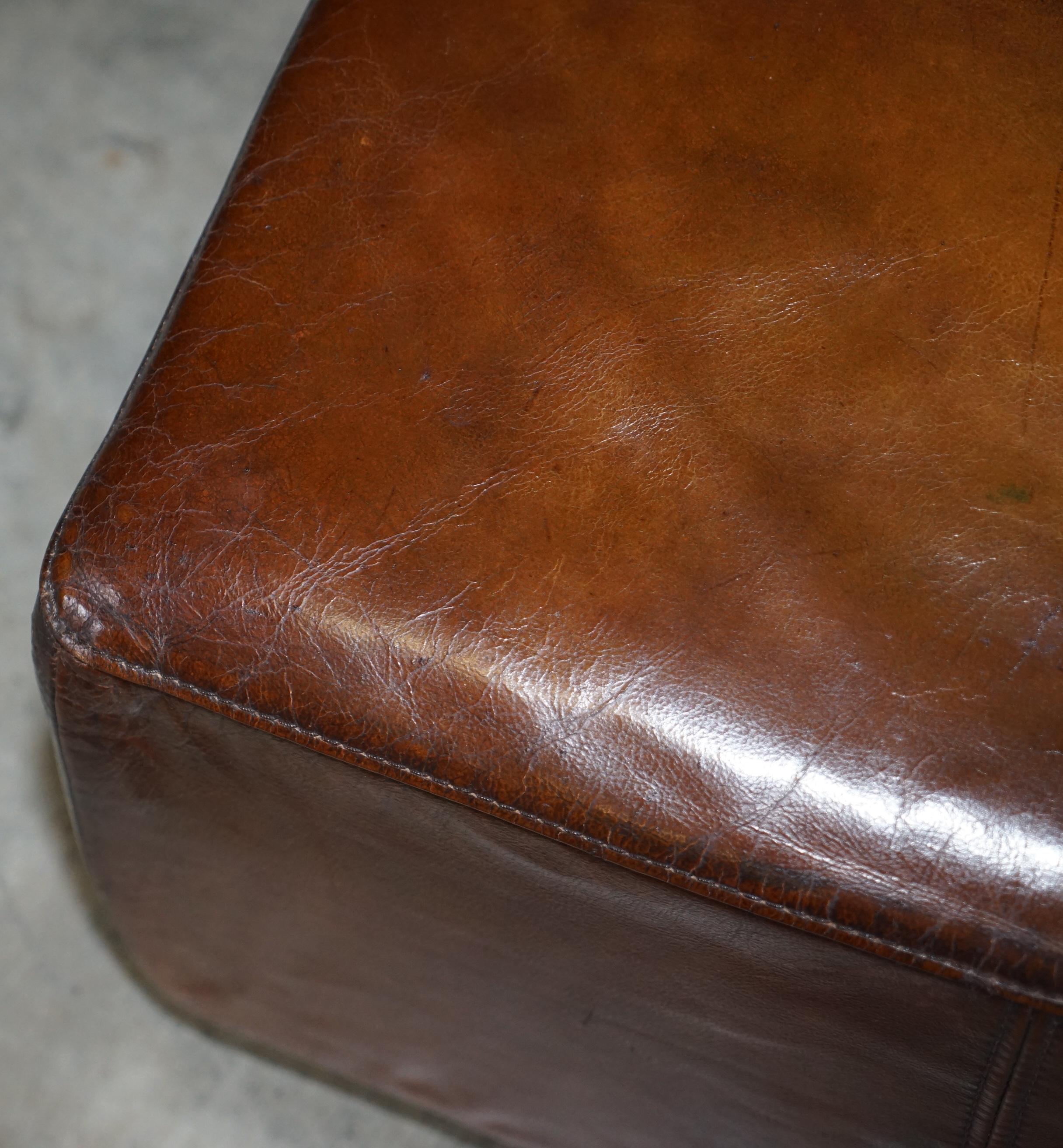 Lovely Large Fully Restored Halo Hand Dyed Brown Leather Footstool Ottoman 6
