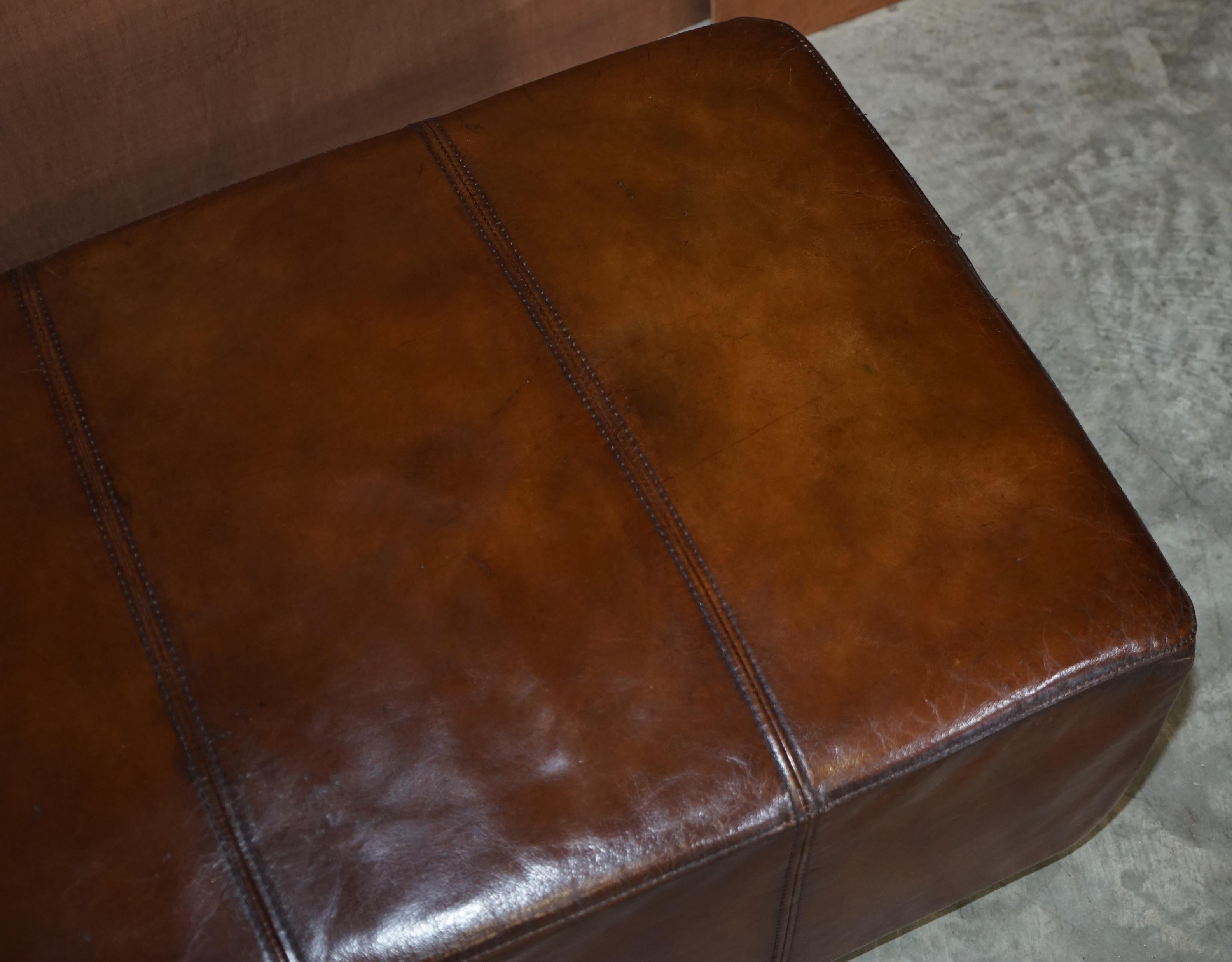 Lovely Large Fully Restored Halo Hand Dyed Brown Leather Footstool Ottoman 1