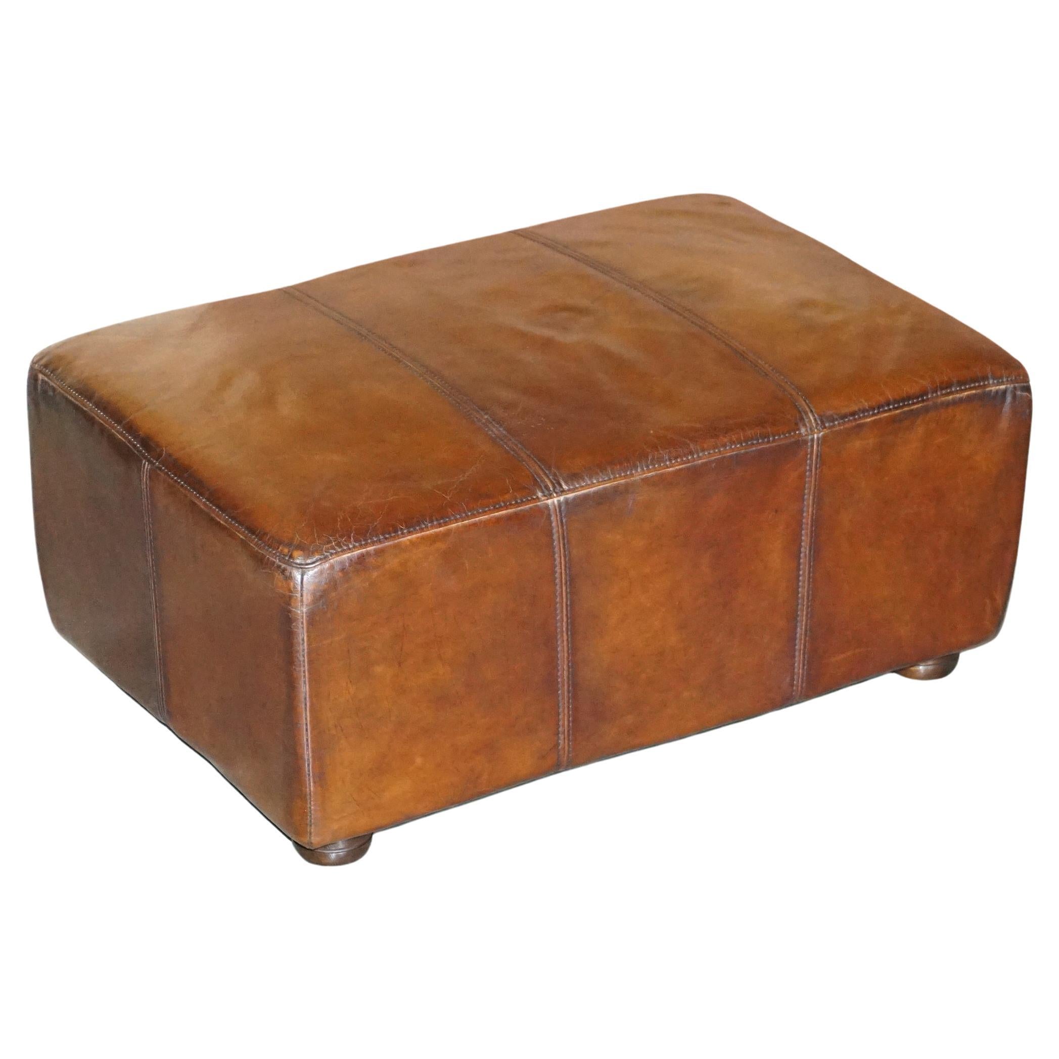 Lovely Large Fully Restored Halo Hand Dyed Brown Leather Footstool Ottoman