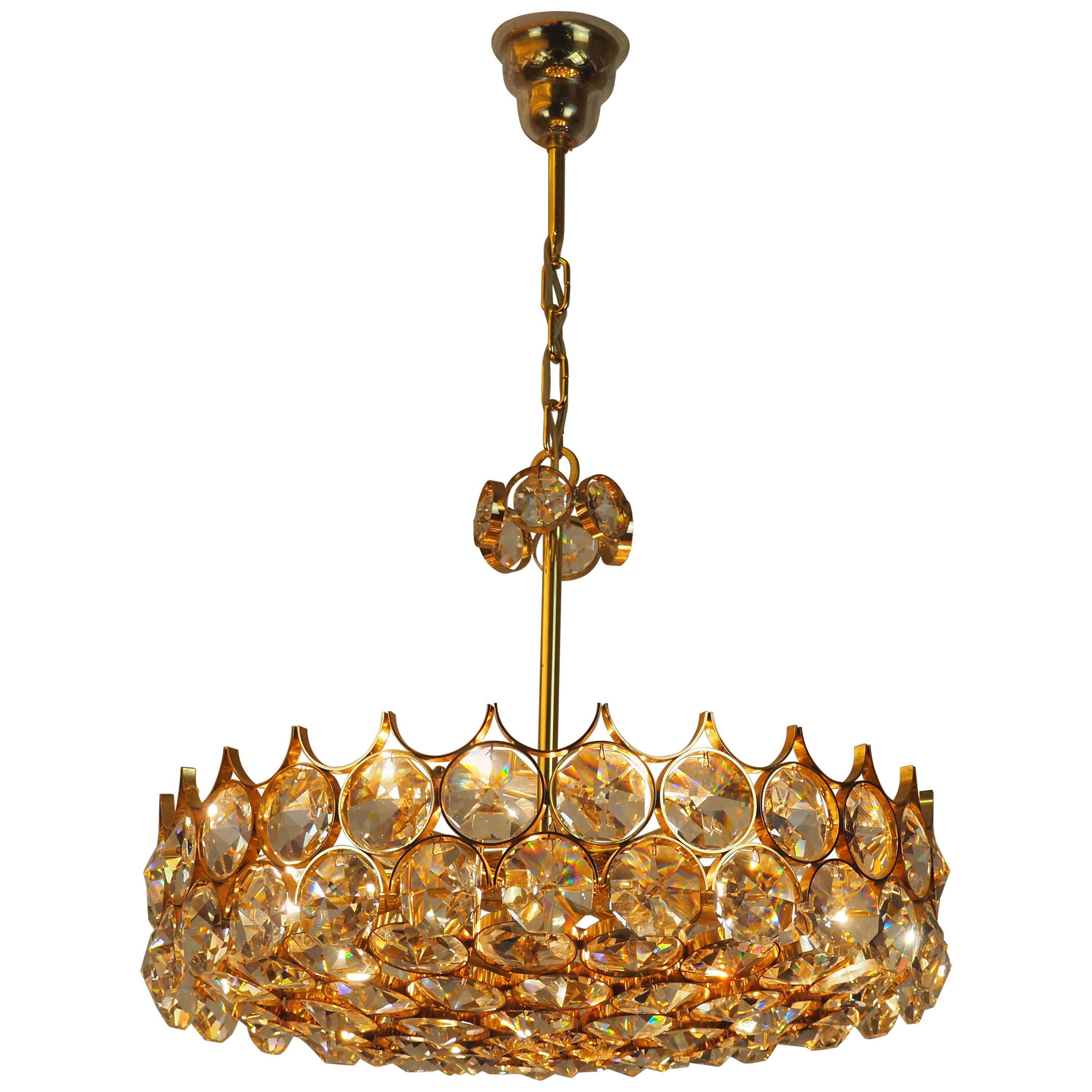 Lovely Large Gilt Brass and Crystal Chandelier by Palwa, circa 1970s