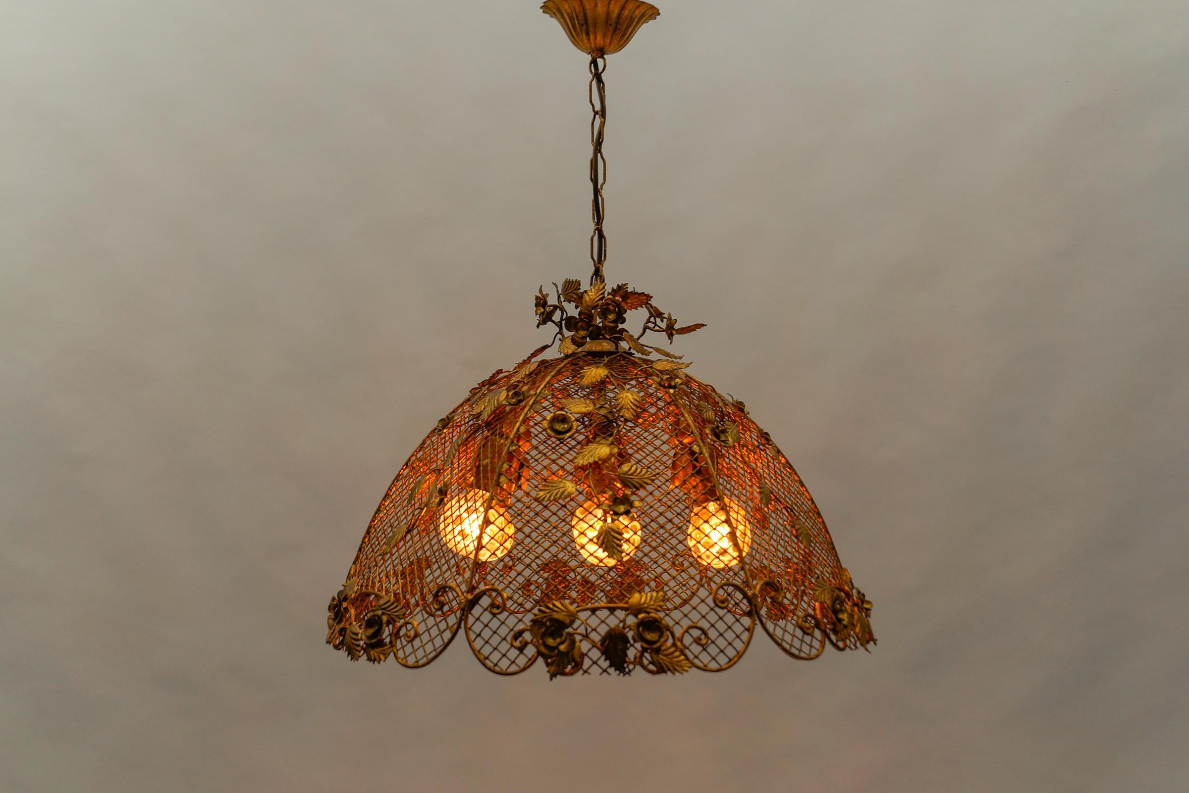 Hollywood Regency Lovely Large Golden Flower Ceiling Lamp by Hans Kögl, Germany 1970s For Sale