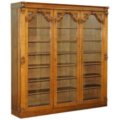 Lovely Large Golden Paneled Mahogany Bookcase with Glass Doors Ornate Carving