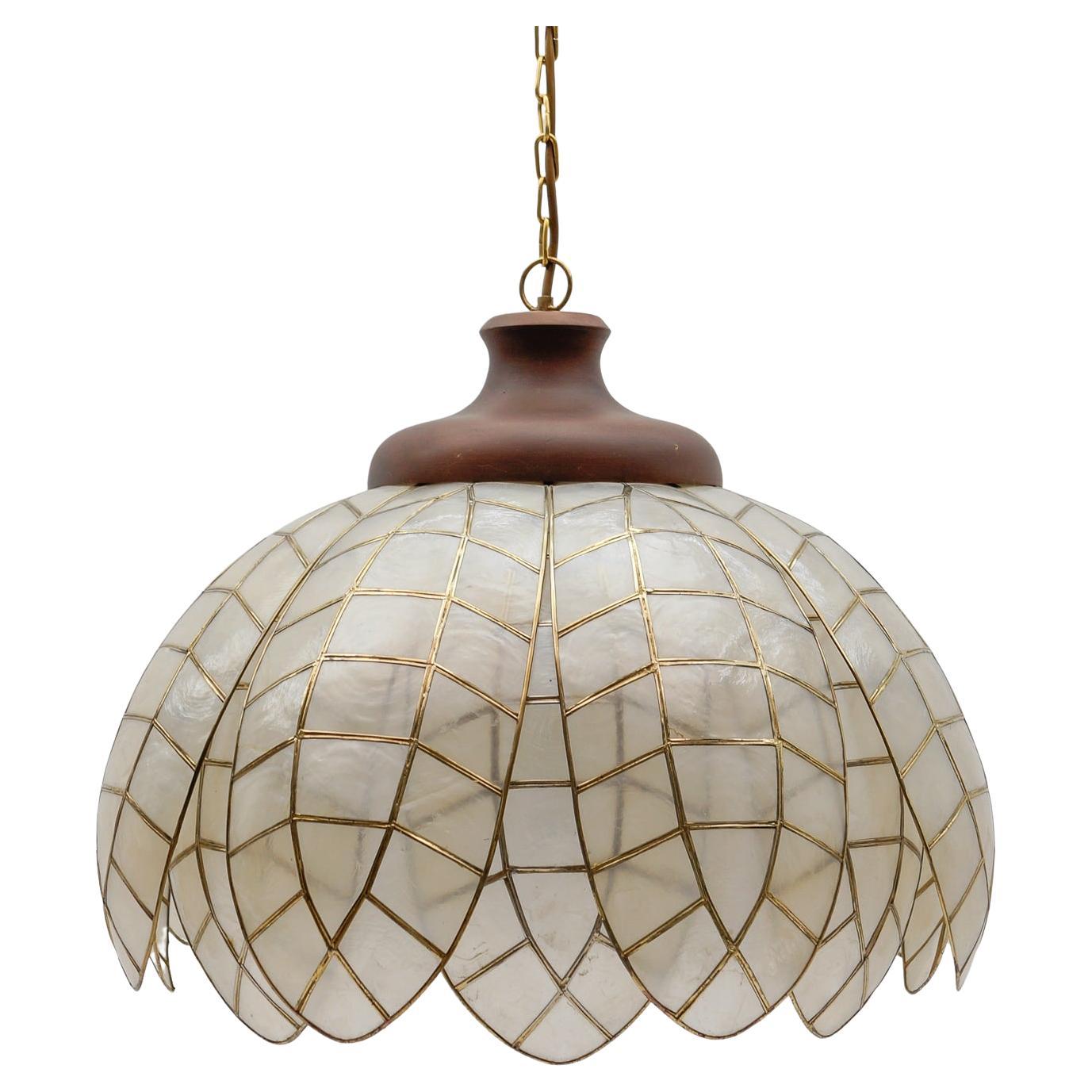 Lovely large Mother-of-Pearl leaf ceiling bell lamp, Italy 1960s For Sale