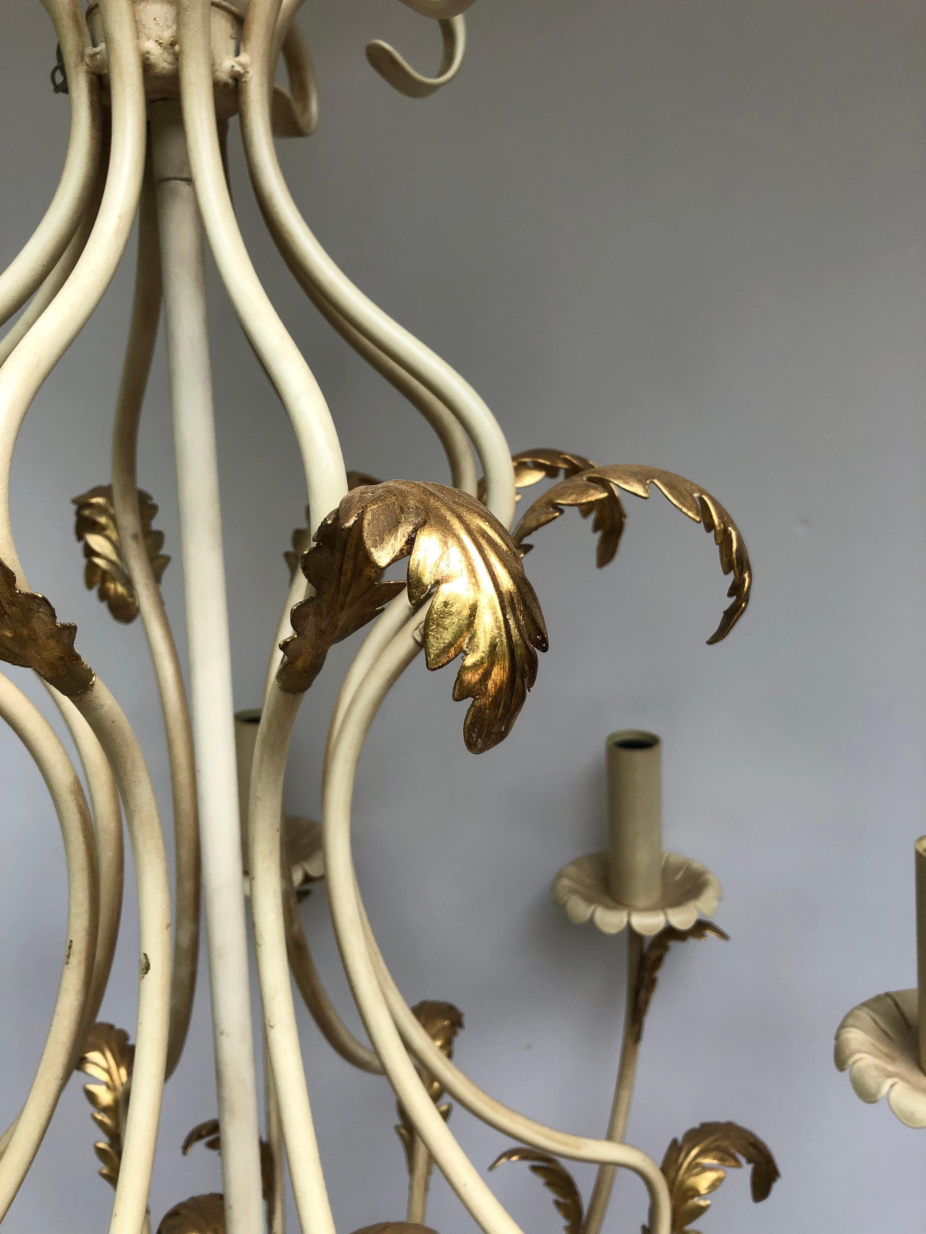 Contemporary Lovely Large off White Painted Iron Italian Chandelier with Gold Leaves