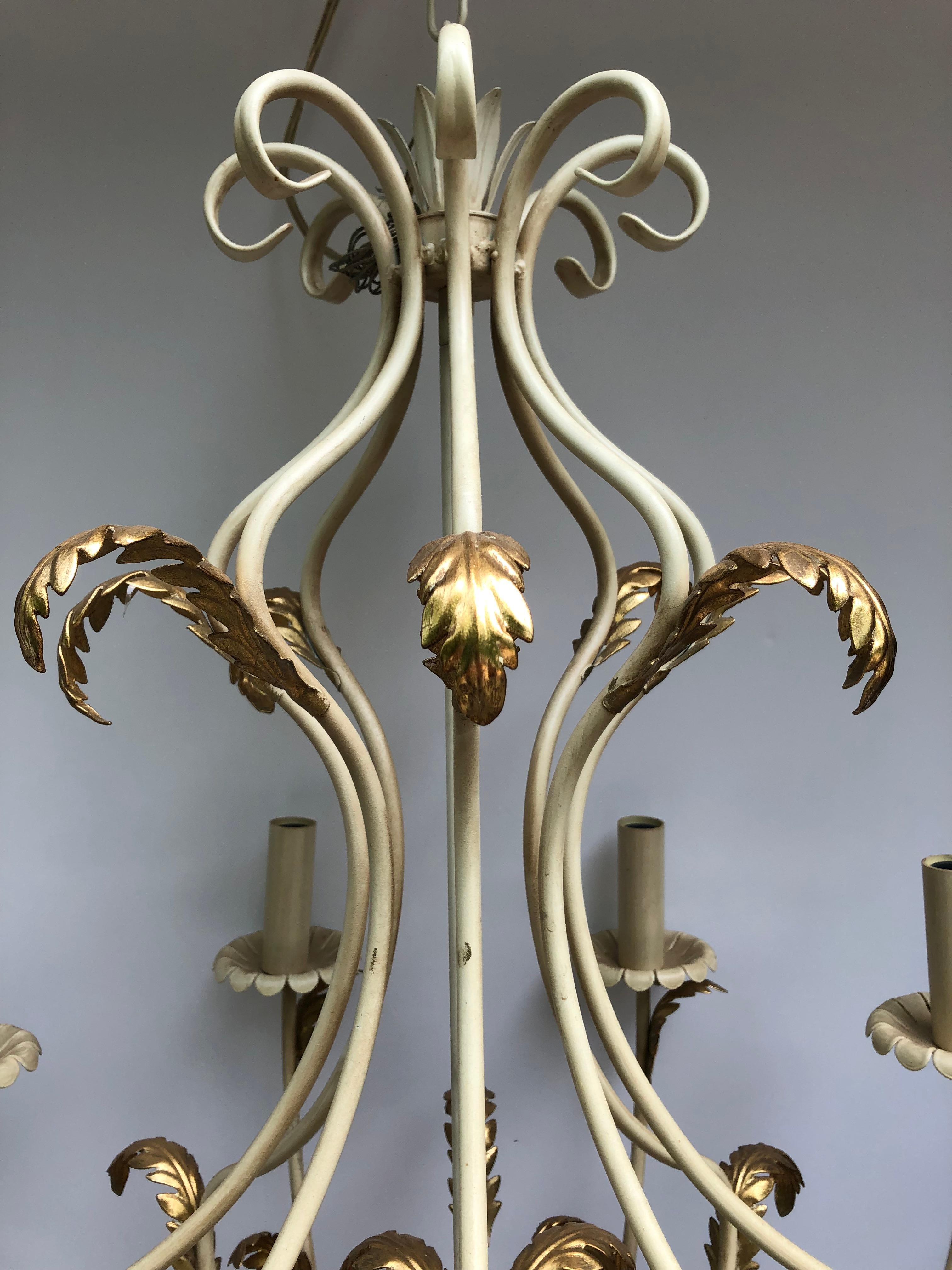Lovely Large off White Painted Iron Italian Chandelier with Gold Leaves 2