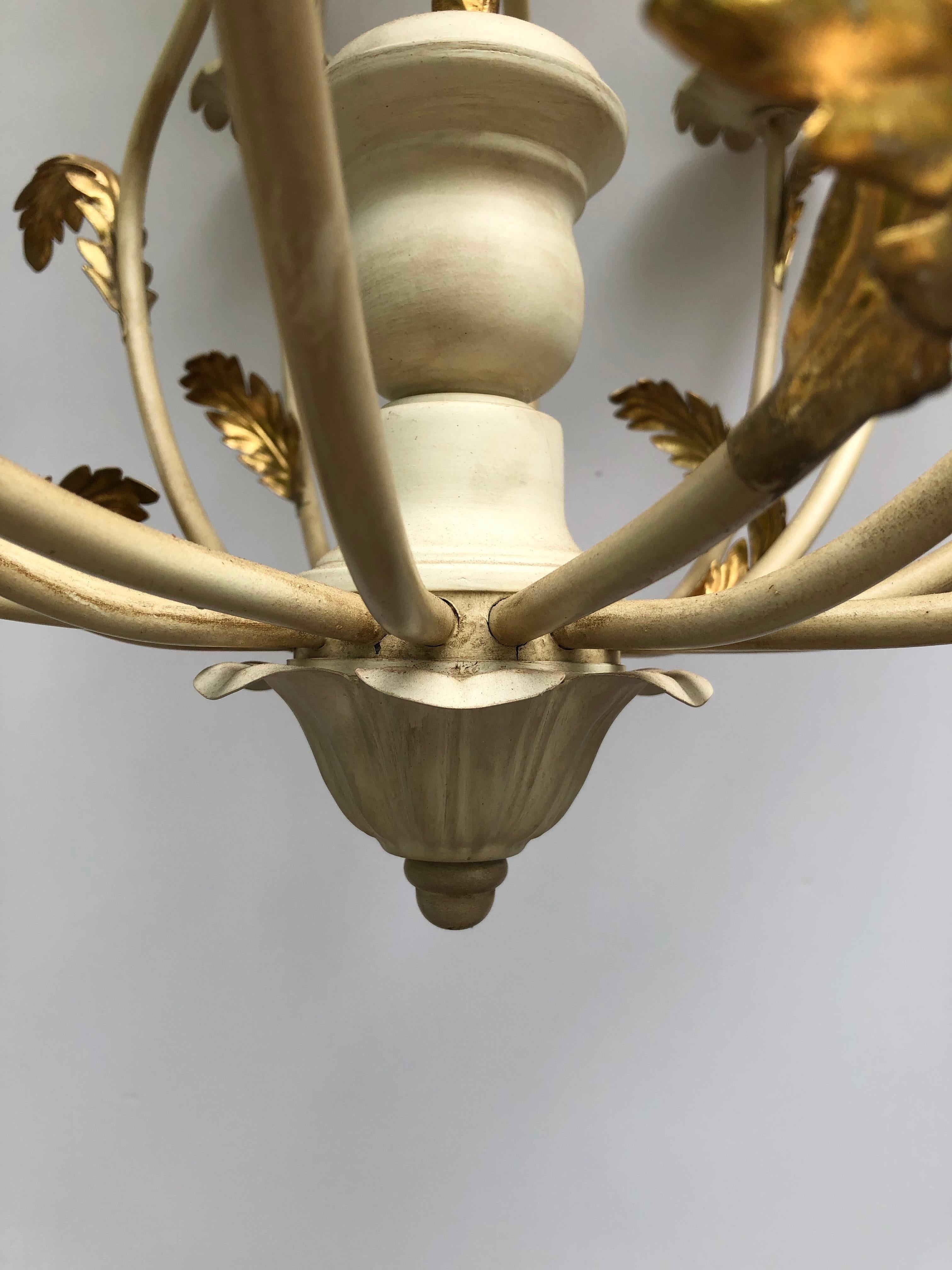 Lovely Large off White Painted Iron Italian Chandelier with Gold Leaves 3