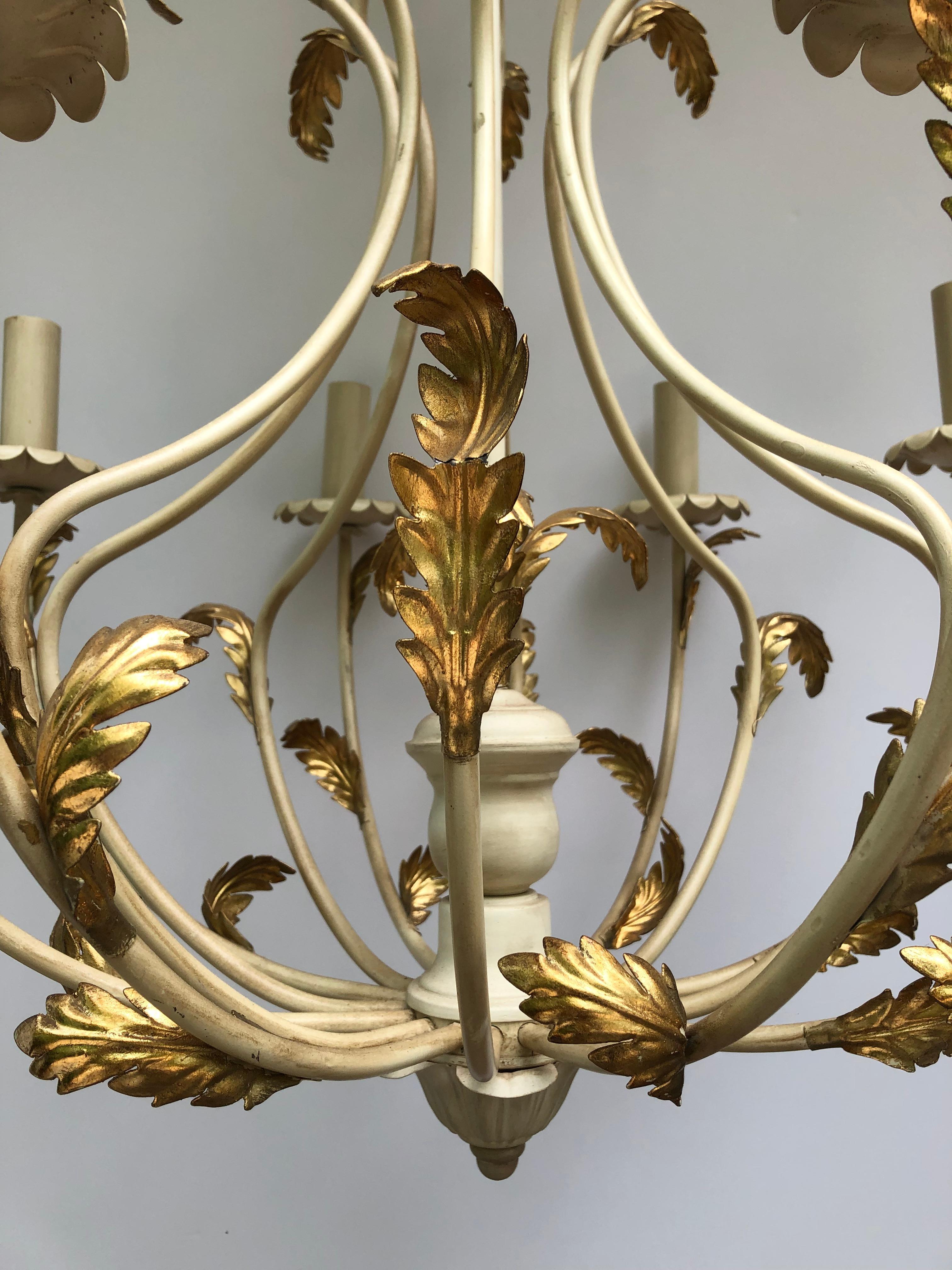 Lovely Large off White Painted Iron Italian Chandelier with Gold Leaves 4