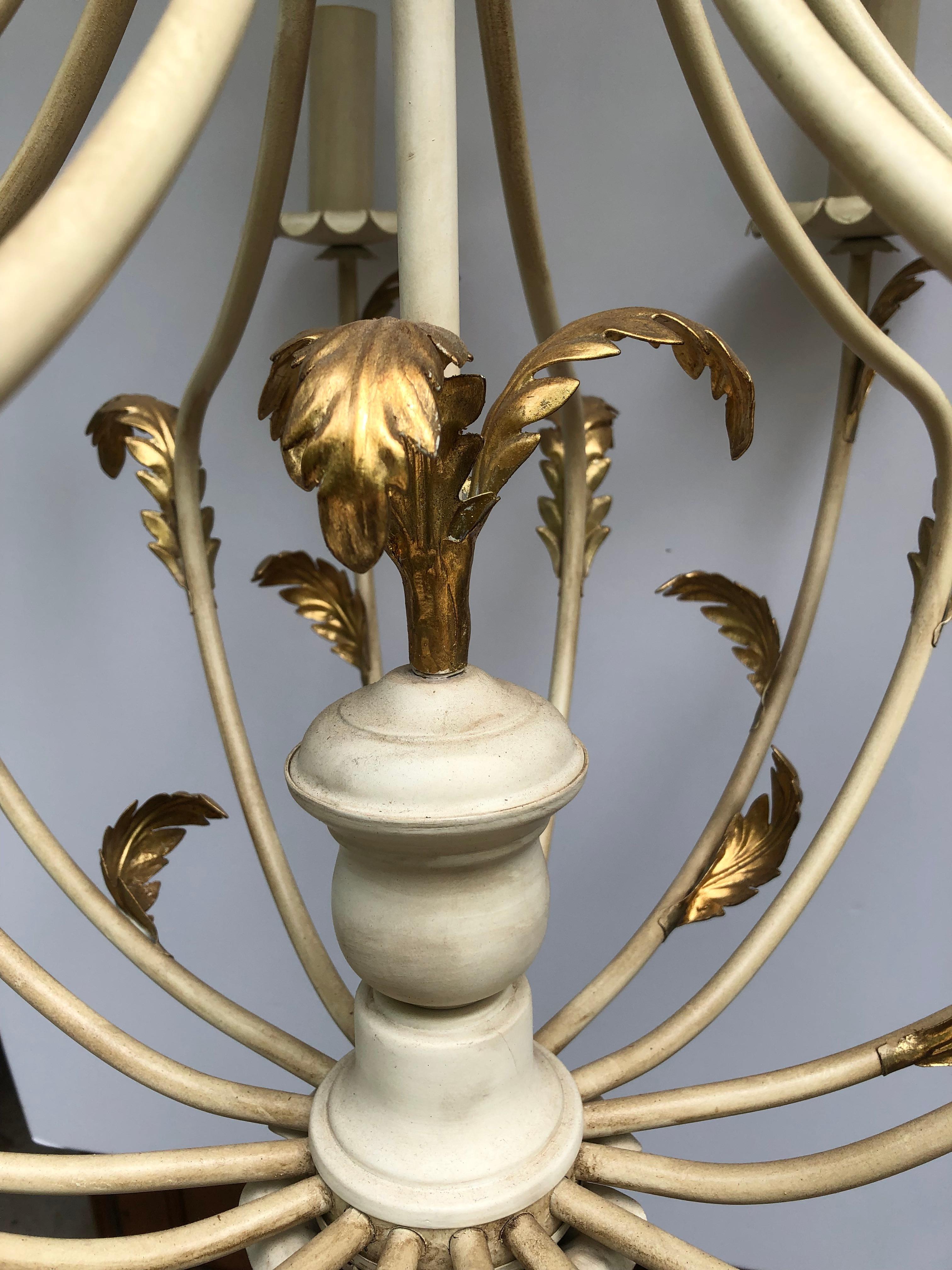 Lovely Large off White Painted Iron Italian Chandelier with Gold Leaves 5
