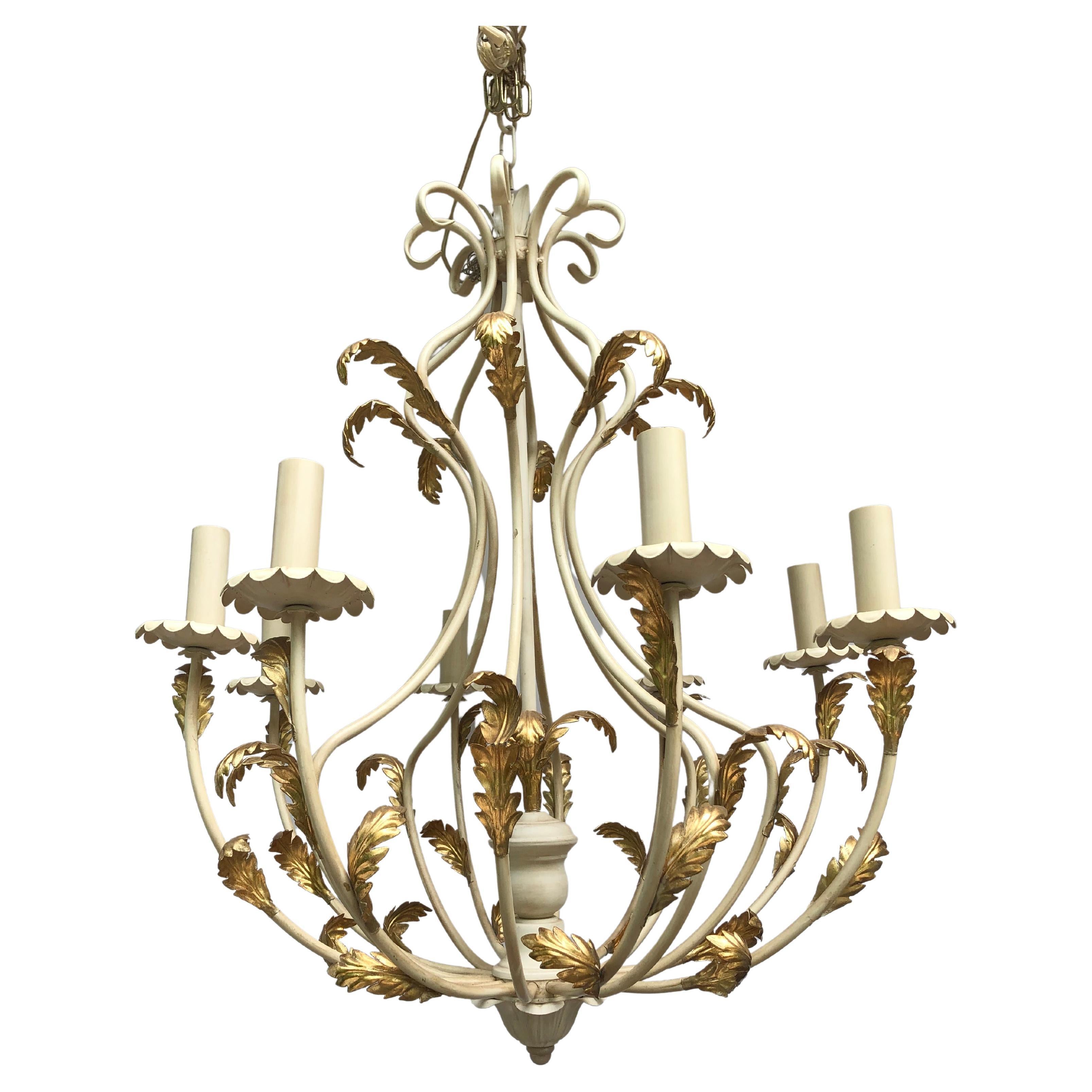 Lovely Large off White Painted Iron Italian Chandelier with Gold Leaves