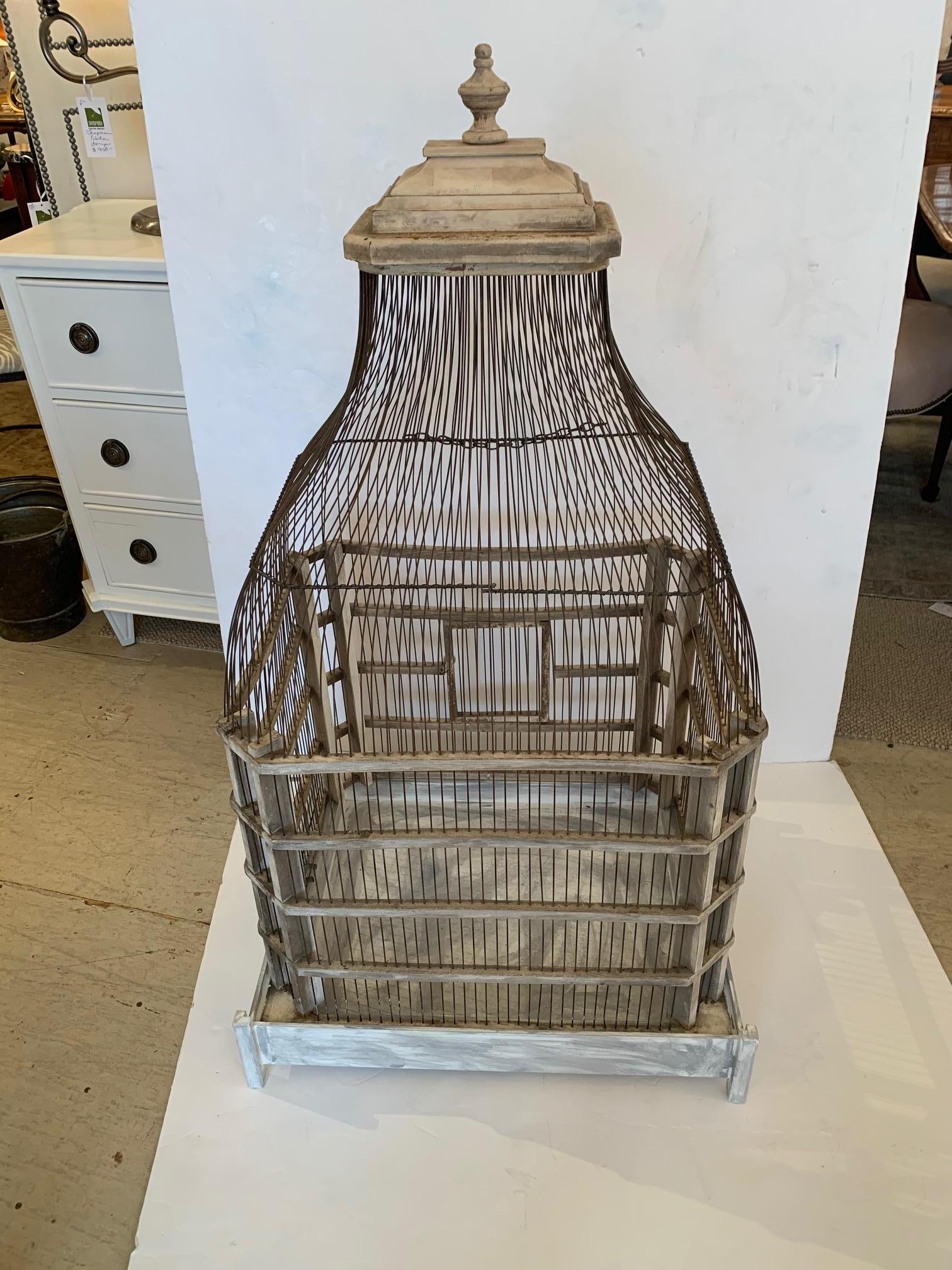 Mid-20th Century Lovely Large Painted Grey Wood & Wire Birdcage For Sale
