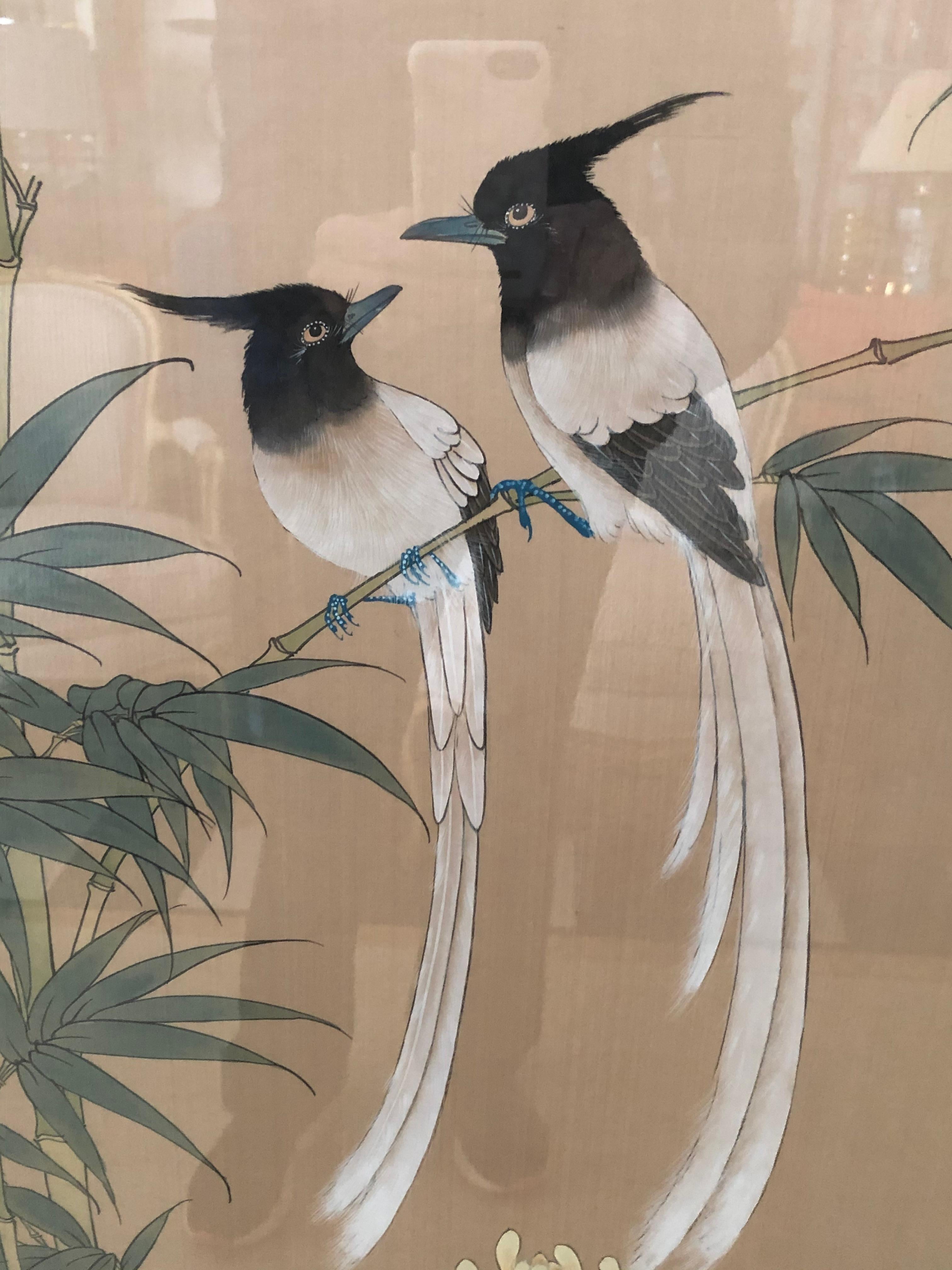 Lovely Large Pair of Chinese Watercolor Panels with Birds 4