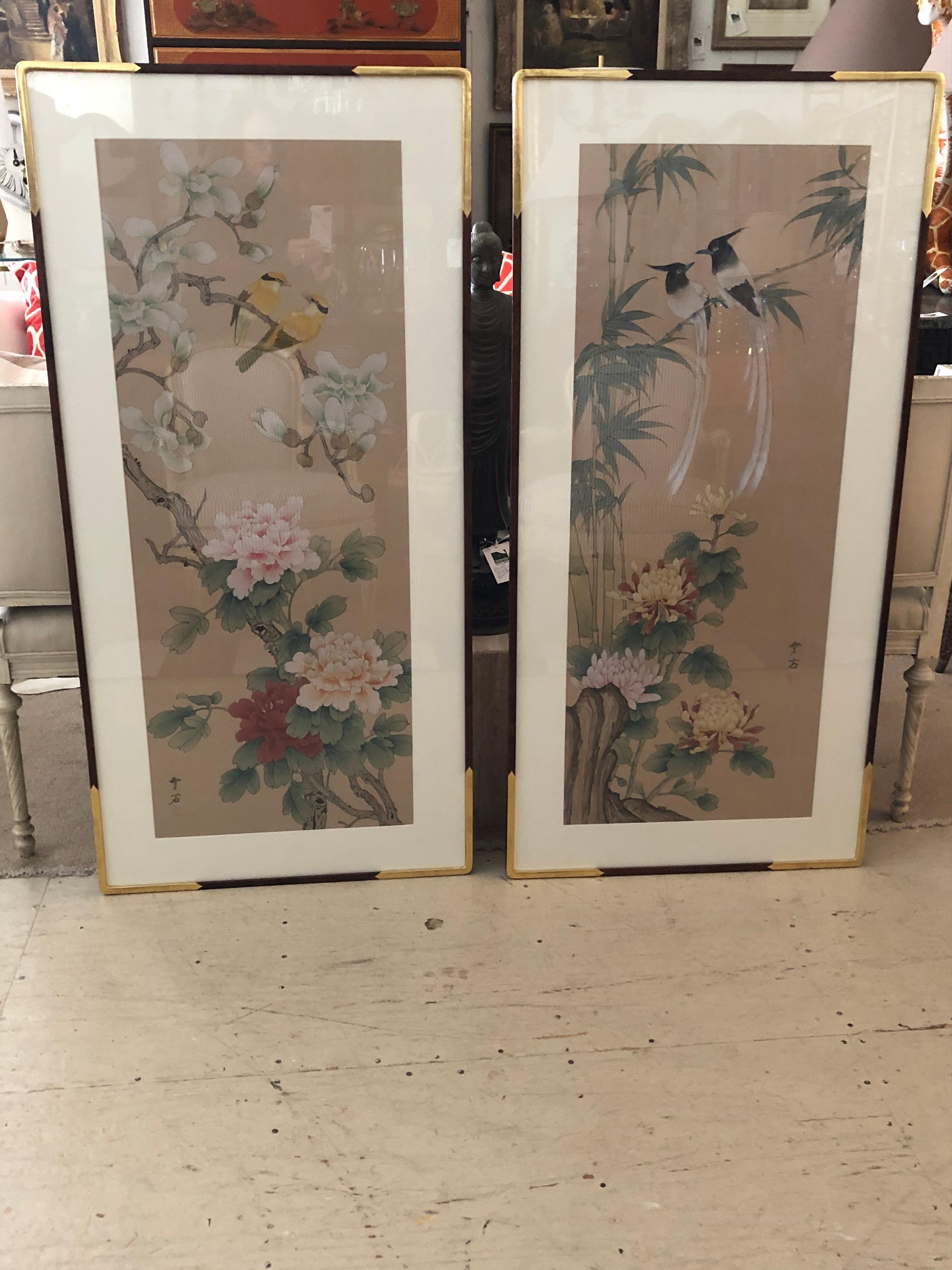 Lovely Large Pair of Chinese Watercolor Panels with Birds 6