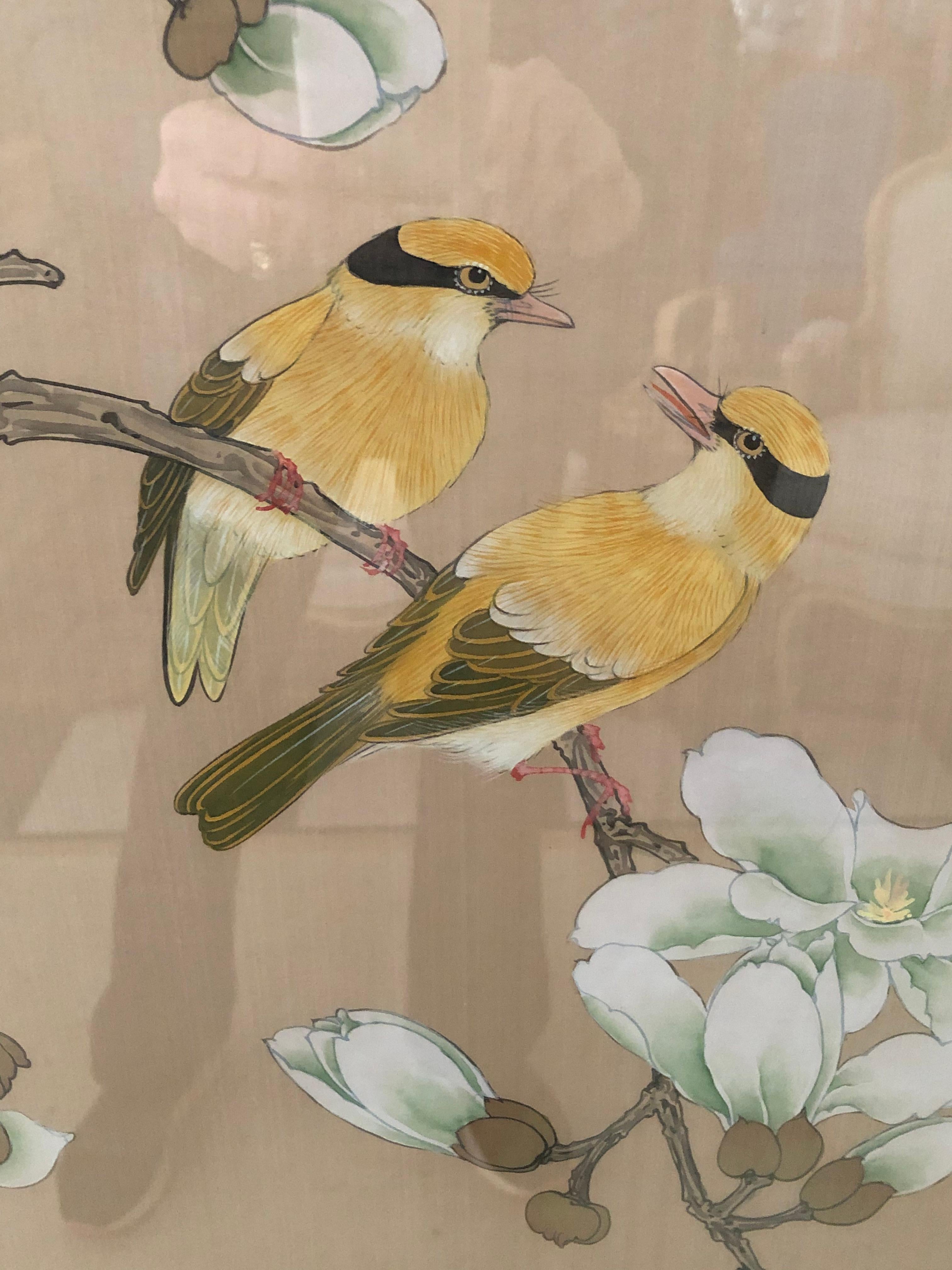 Lovely subtle pair of large Chinese watercolor panels having birds and flowers. 
 Beautifully framed with 3.5