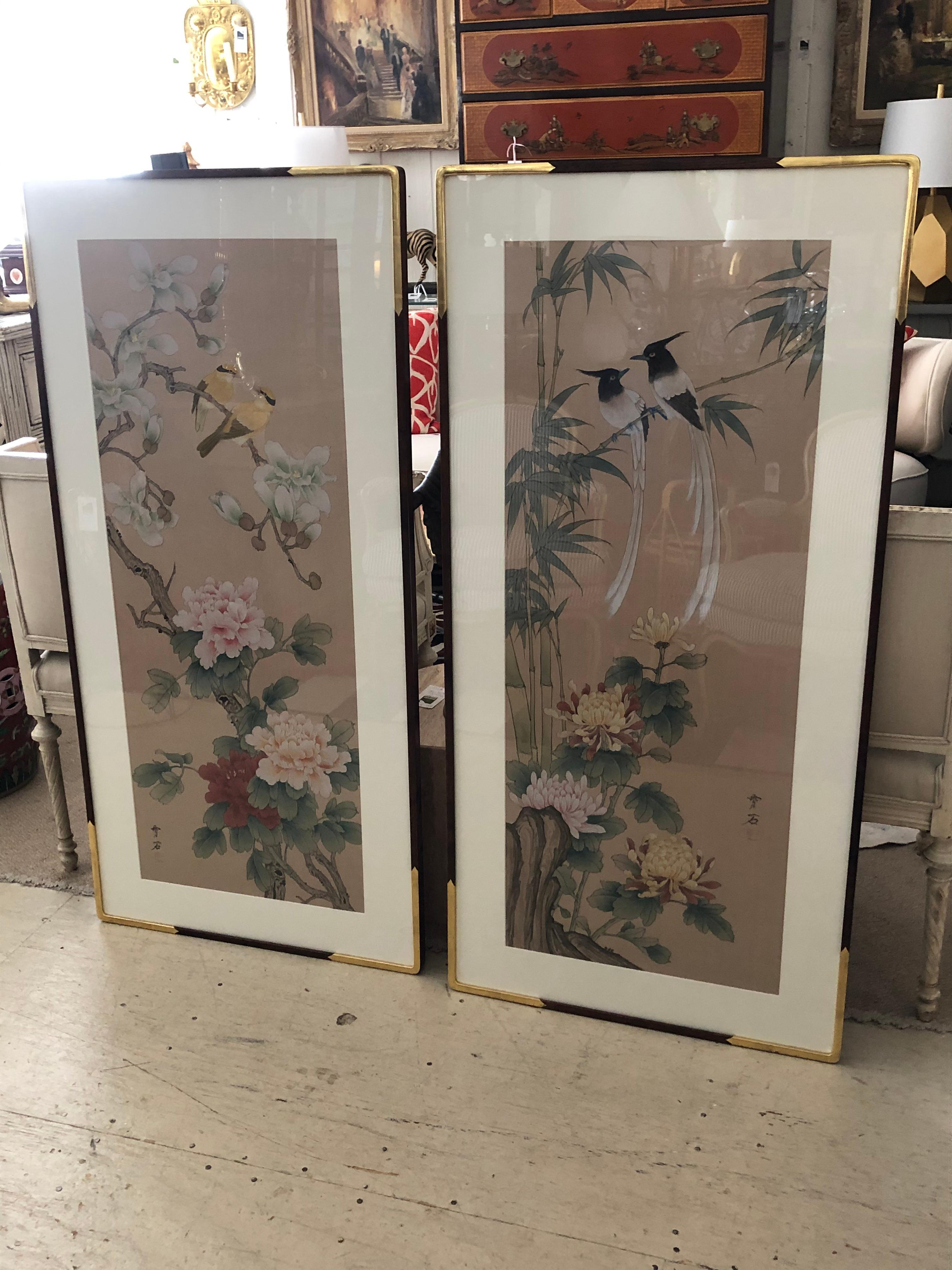 Contemporary Lovely Large Pair of Chinese Watercolor Panels with Birds