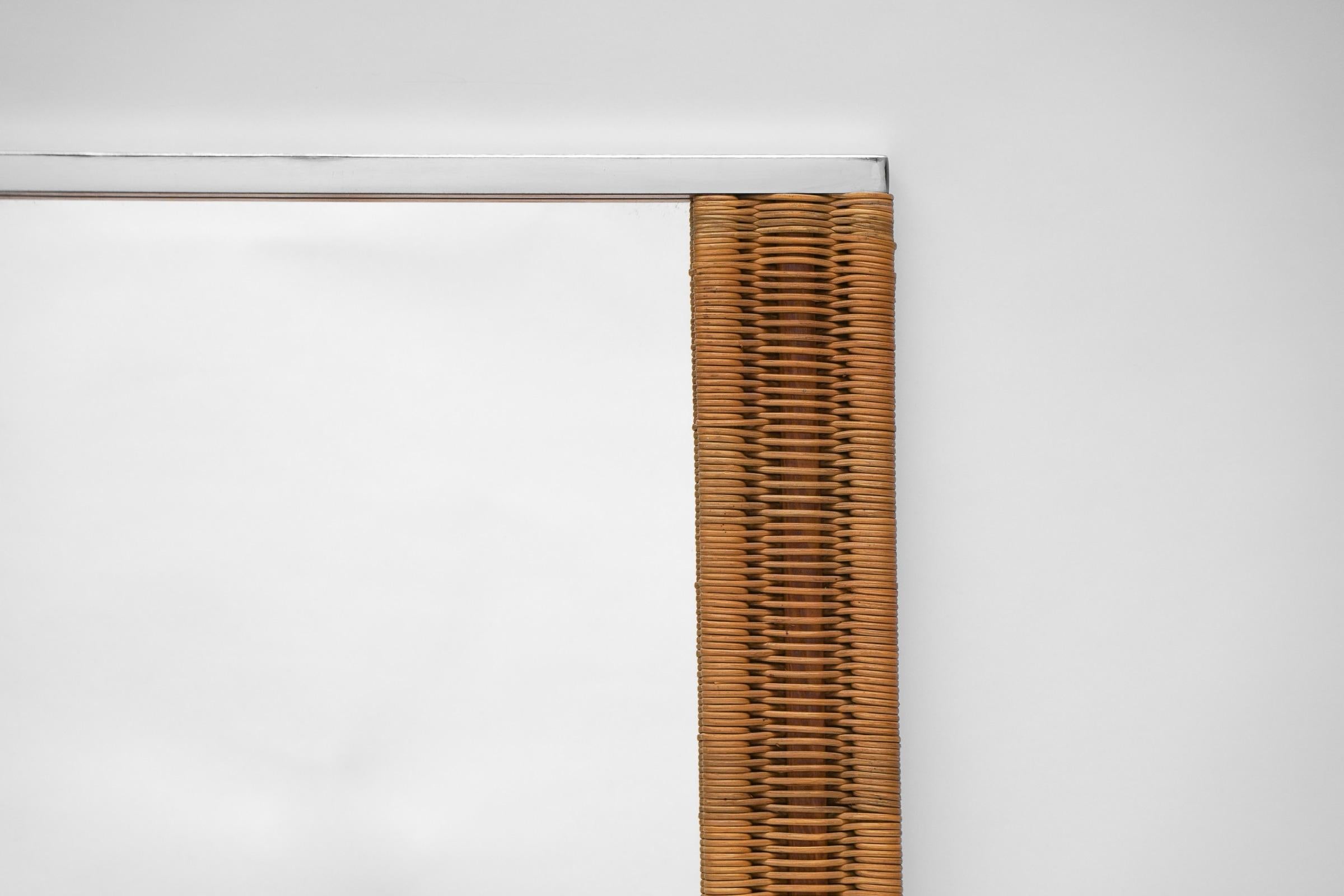 Italian Lovely Large Rattan and Chrome Wall Mirror in Gebriella Crespi Style, 1960s For Sale