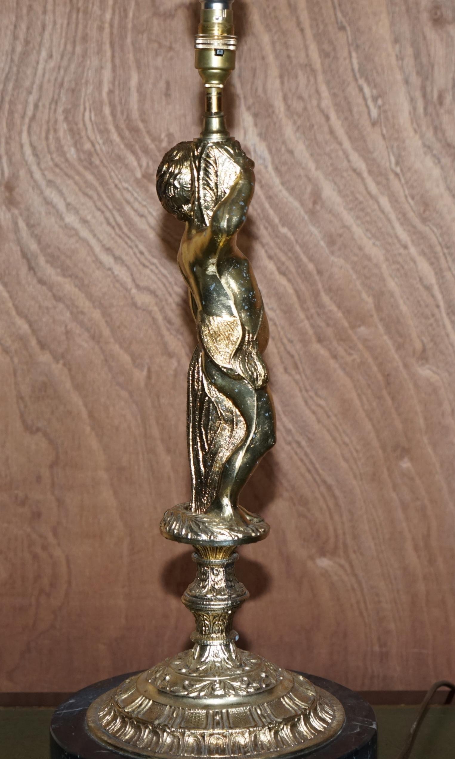 Lovely Large Sized Circa 1940's Marble & Brass Lamp with Cherub Putti's Angel For Sale 4