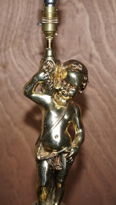 Lovely Large Sized Circa 1940's Marble & Brass Lamp with Cherub Putti's Angel