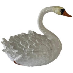 Lovely Large Vintage Italian Ceramic Swan Tureen or Cachepot