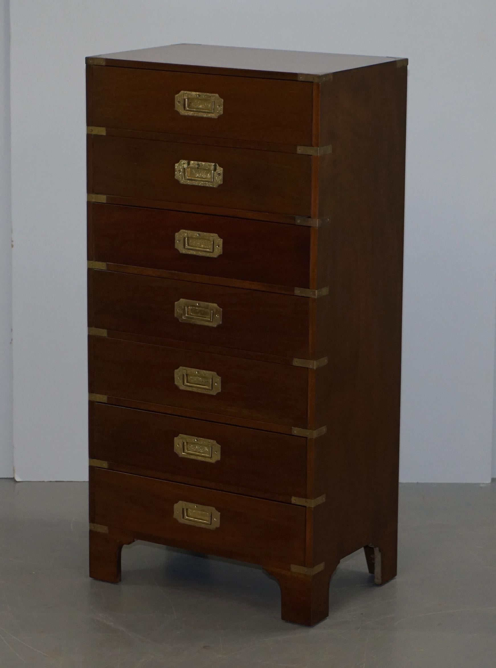 English Lovely Large Vintage Mahogany & Brass Military Campaign Tallboy Chest of Drawers