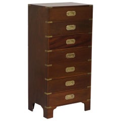 Lovely Large Used Mahogany & Brass Military Campaign Tallboy Chest of Drawers