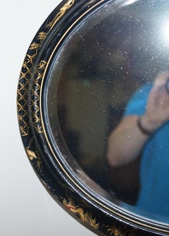 Lovely Late 19th Century Chinoiserie Black Lacquer Oval Wall Mirror Crane Birds