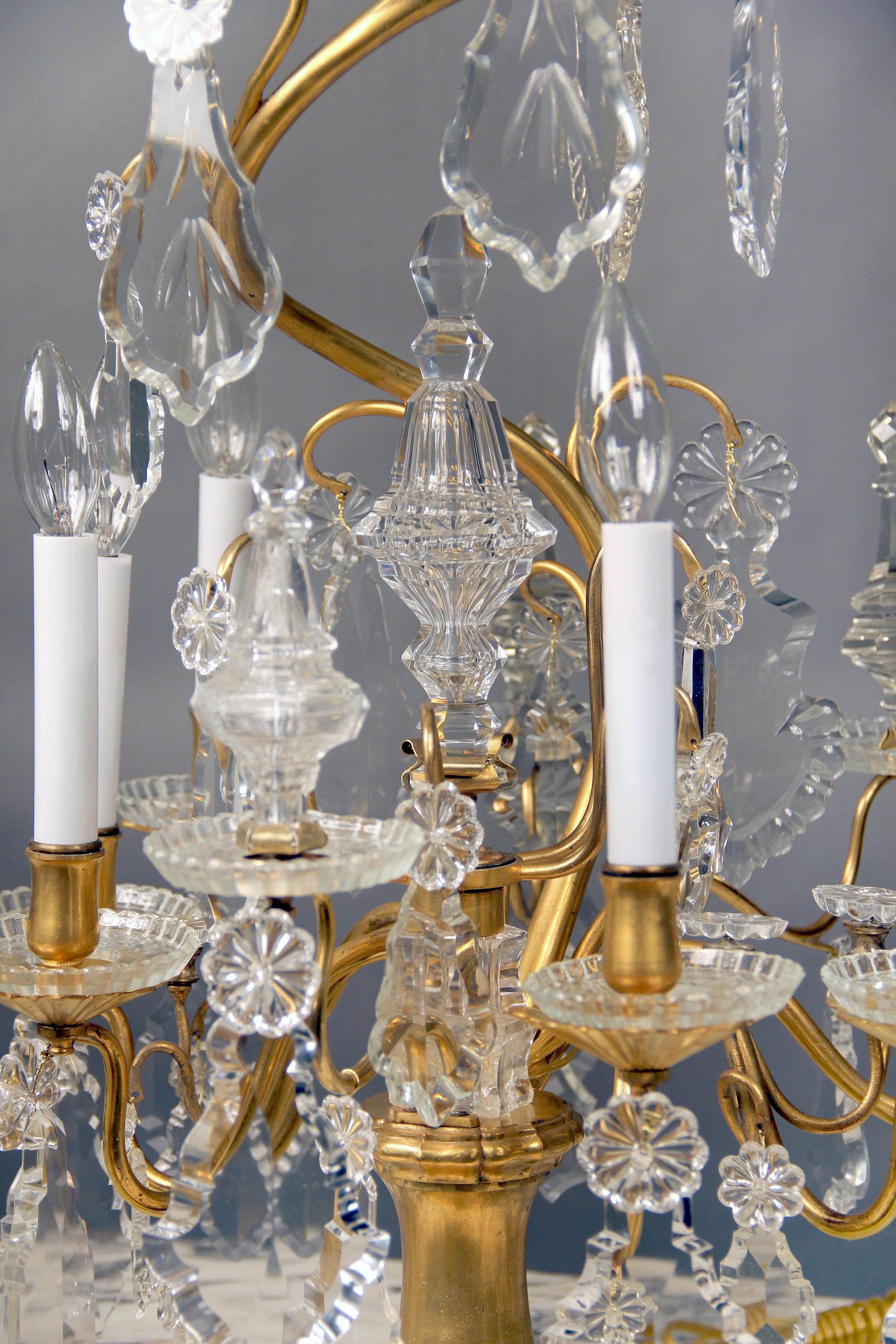 French Lovely Late 19th Century Gilt Bronze and Baccarat Crystal Six Light Girandole For Sale