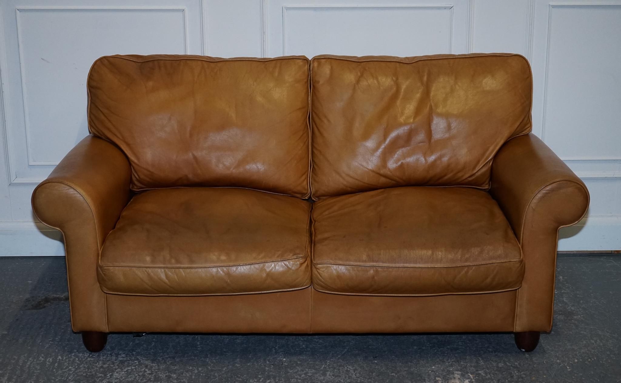 British LOVELY LAURA ASHLEY ABiNGDON TAN LEATHER SOFA BED TWO TO THREE SEATER